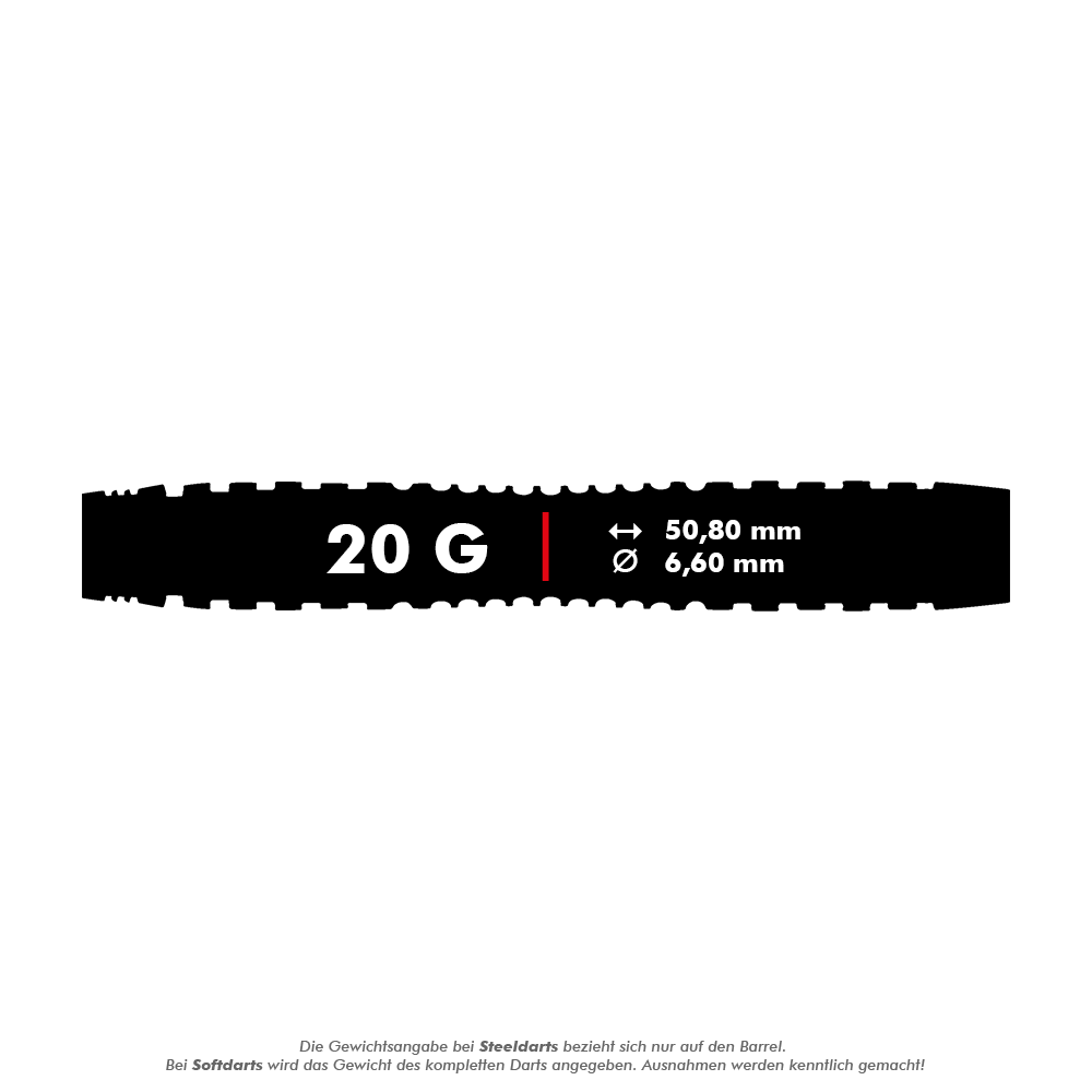 Winmau Joe Cullen Rockstar Series RS1 Softdarts - 20g Das Bild zeigt die technischen Daten der Winmau Joe Cullen Rockstar Series RS1 Softdarts mit 20 Gramm Gewicht. Die Darts haben eine Länge von 50,80 mm und einen Durchmesser von 6,60 mm.