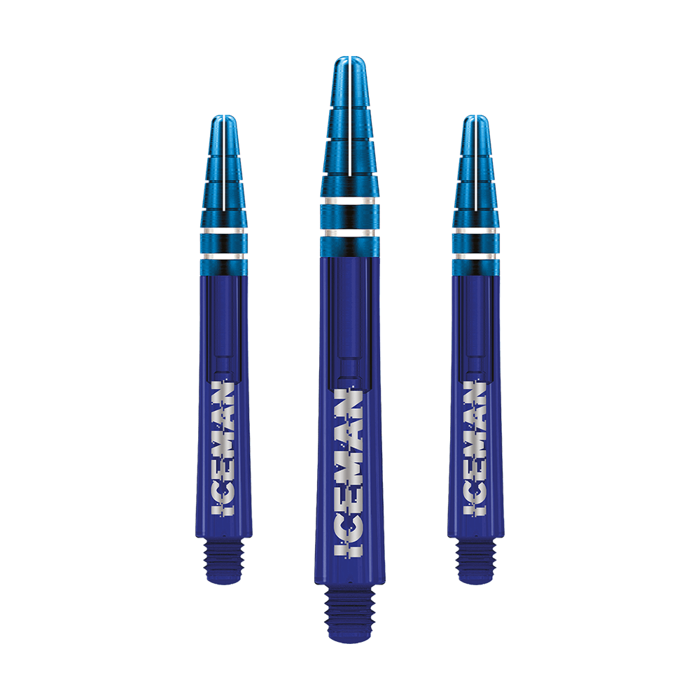 C812_Red_Dragon_Nitrotech_Gerwyn_Price_Blue_Shafts_48mm_1 Das Bild zeigt drei blaue Darts-Schäfte mit silbernen Akzenten. Auf jedem Schaft steht das Wort "ICEMAN" in weißen Buchstaben.