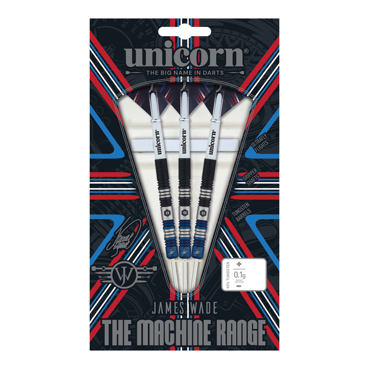 Unicorn The Machine James Wade Two-Tone Steeldarts Das Bild zeigt eine Packung mit drei Steeldarts der Marke Unicorn aus der "The Machine Range" von James Wade. Die Verpackung ist bunt gestaltet und hebt die Merkmale der Darts wie die Tungsten-Barrels und die spezielle Griffigkeit hervor.