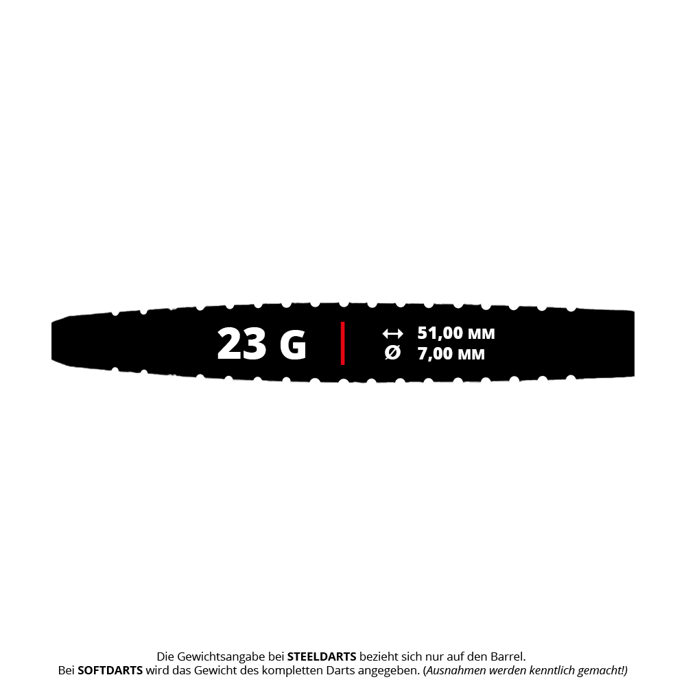 Dynasty Fallon Sherrock 4 AFlow BK Steeldarts - Mit Autogramm - 23g Das Bild zeigt einen Dart-Barrel mit den Angaben 23 Gramm Gewicht, 51,00 mm Länge und 7,00 mm Durchmesser. Unten steht eine Information, dass sich das Gewicht bei Steeldarts nur auf den Barrel bezieht.