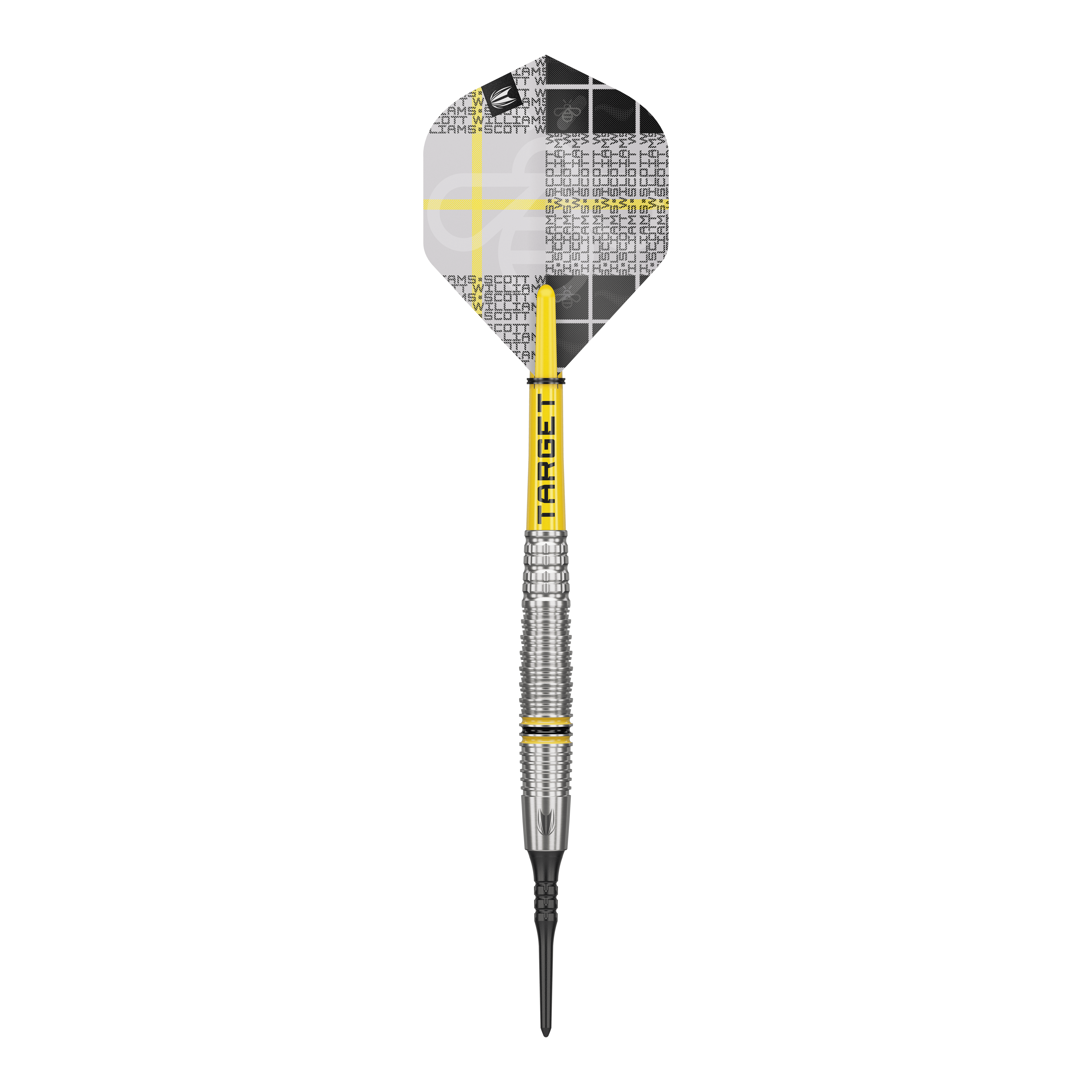 Das Bild zeigt einen Target Scott Williams GEN2 Softdart mit einem Gewicht von 18g. Der Dart hat gelbe Akzente und ein modernes, silberfarbenes Barrel-Design.