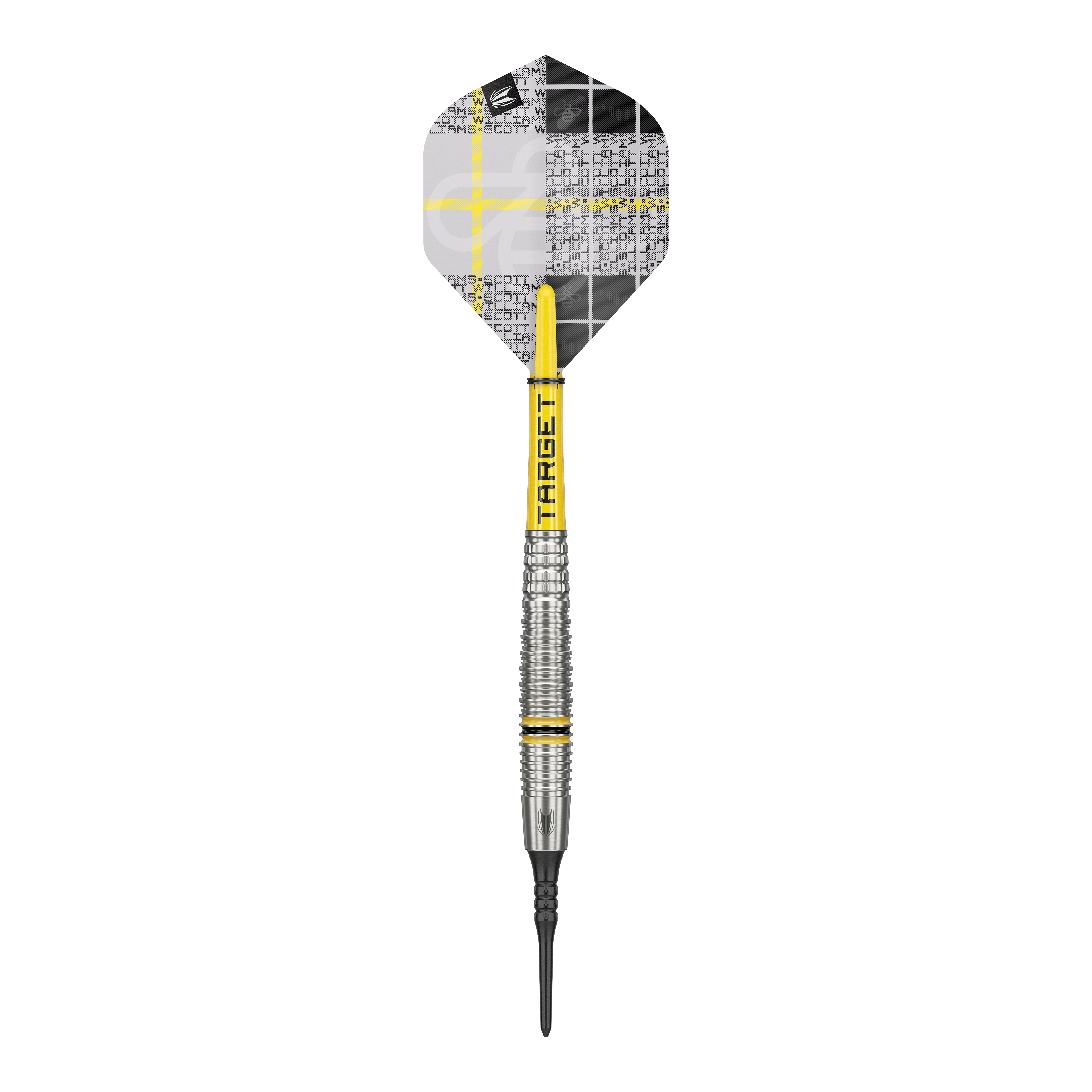 Target Scott Williams GEN2 Softdarts - 18g Das Bild zeigt einen Target Scott Williams GEN2 Softdart mit einem Gewicht von 18g. Der Dart hat gelbe Akzente und ein modernes, silberfarbenes Barrel-Design.