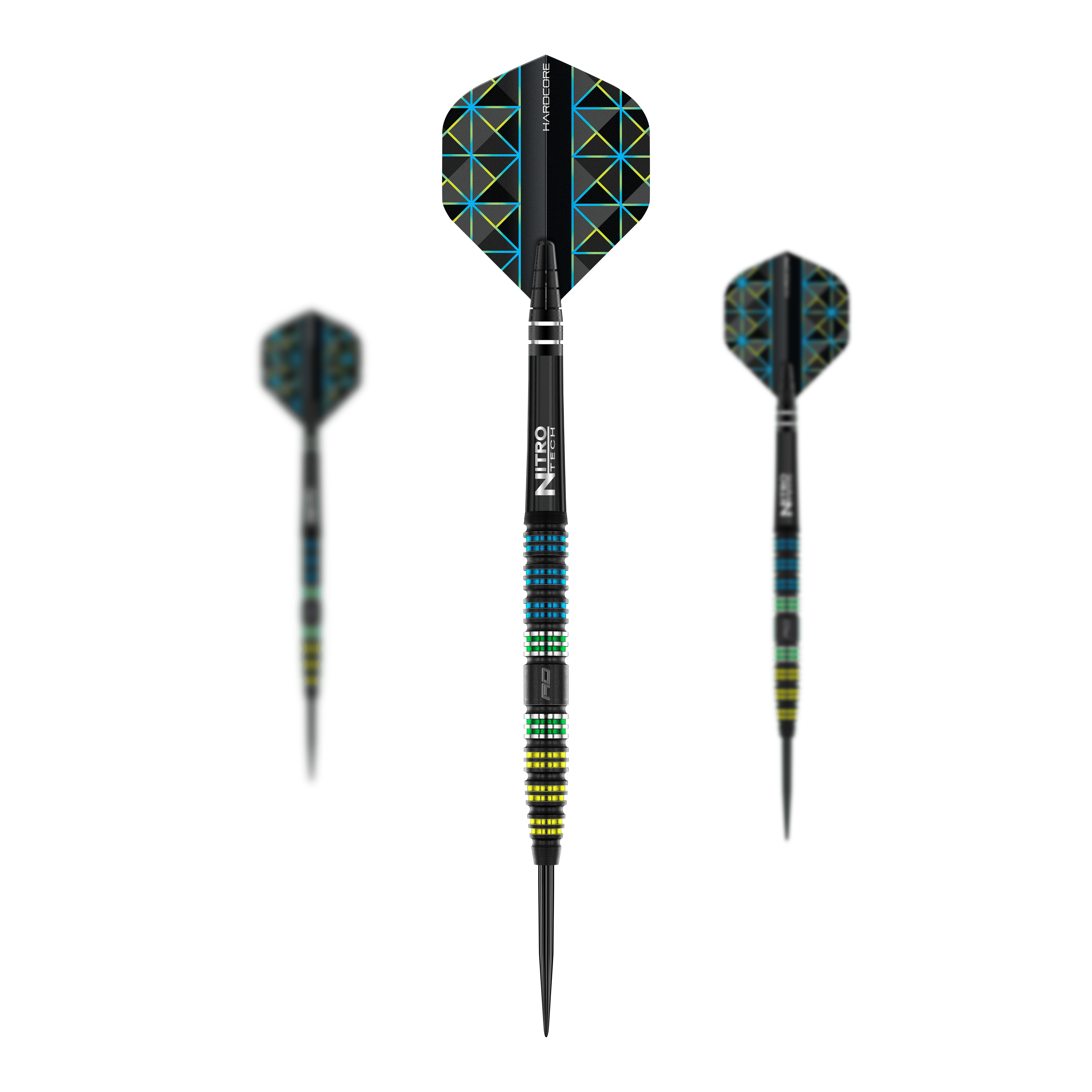 Auf dem Bild sind drei Steeldarts des Modells "Red Dragon Dragonfly 95 Black Tapered" zu sehen. Die Darts haben ein schwarzes, bunt gemustertes Design mit farbigen Ringen am Griff und geometrischen Mustern auf den Flights.
