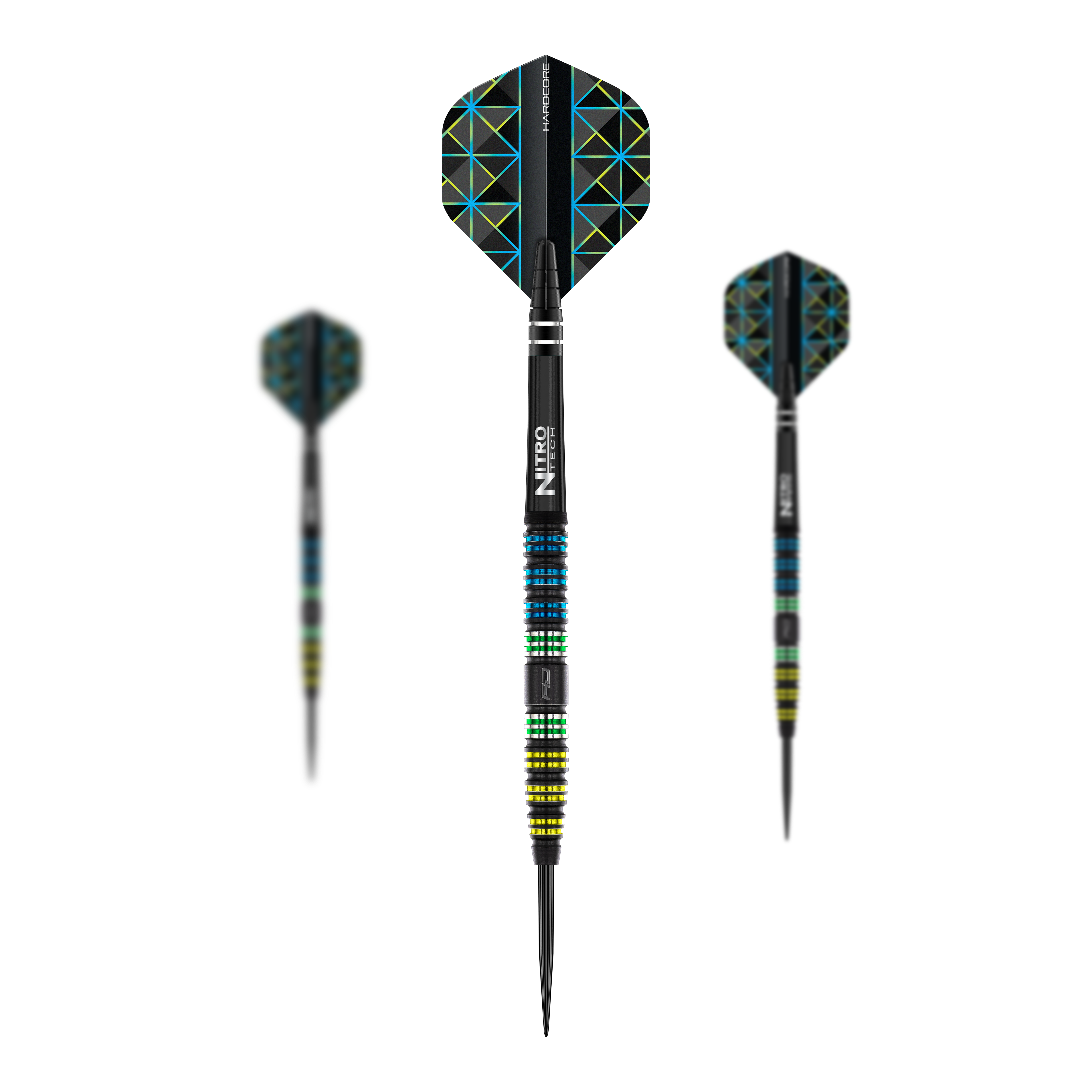 Red Dragon Dragonfly 95 Black Tapered Steeldarts Auf dem Bild sind drei Steeldarts des Modells "Red Dragon Dragonfly 95 Black Tapered" zu sehen. Die Darts haben ein schwarzes, bunt gemustertes Design mit farbigen Ringen am Griff und geometrischen Mustern auf den Flights.