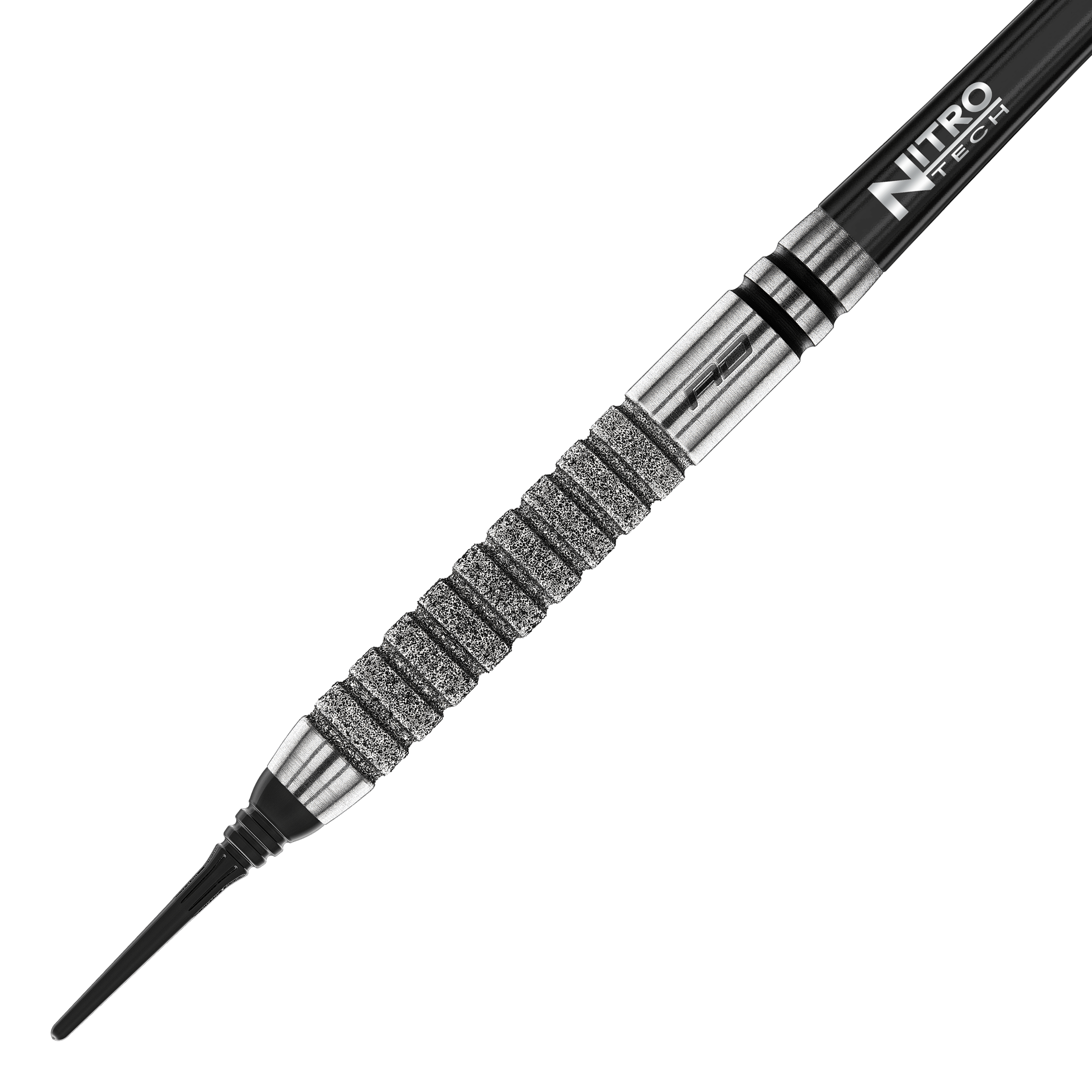 Red Dragon Gian Van Veen Tour Edition Softdarts - 20g Das Bild zeigt einen Red Dragon Gian Van Veen Tour Edition Softdart mit einem Gewicht von 20g. Der Dartpfeil hat eine silberne, stark gerillte Griffzone und einen schwarzen Schaft mit der Aufschrift "Nitro Tech".
