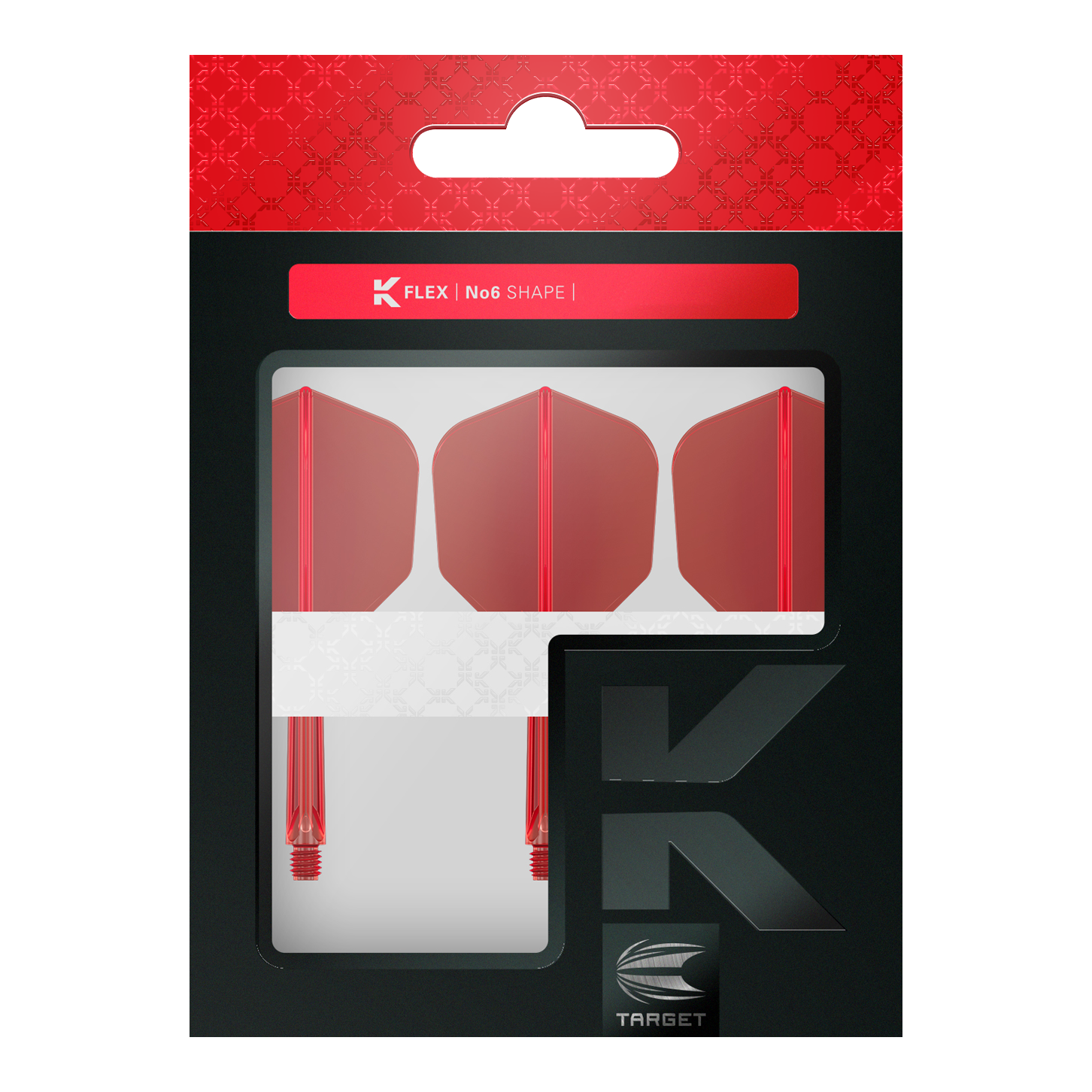 Die Abbildung zeigt eine Packung mit drei roten Dartflights und Schäften von Target. Auf der Verpackung steht "K FLEX | No6 SHAPE".