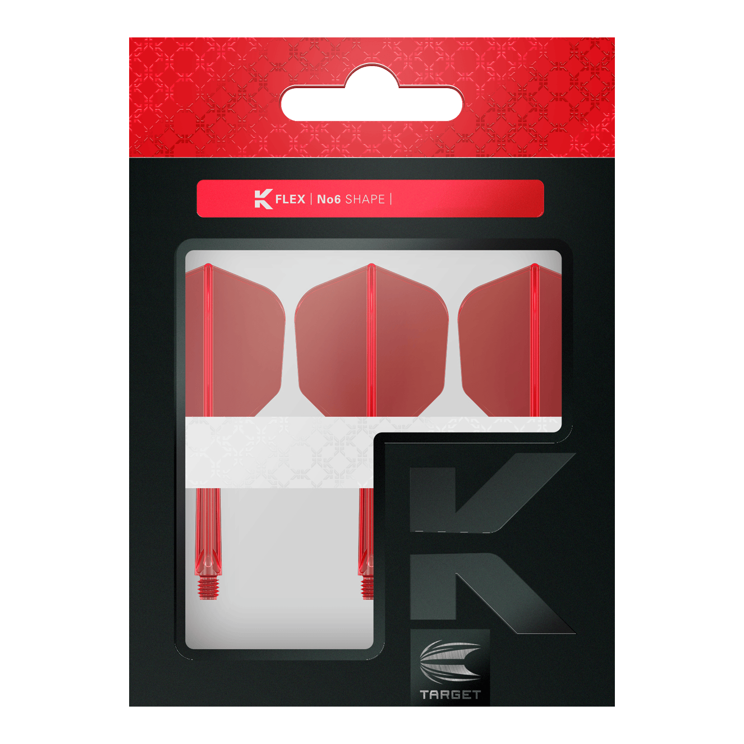 Target K-Flex No6 Flight-System - Rot Die Abbildung zeigt eine Packung mit drei roten Dartflights und Schäften von Target. Auf der Verpackung steht "K FLEX | No6 SHAPE".