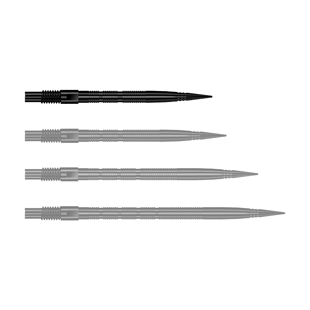 Zu sehen ist eine einzelne schwarze Dartspitze mit Rillenmuster. Dieses Produkt ist als Ersatzspitze für Dartpfeile gedacht.