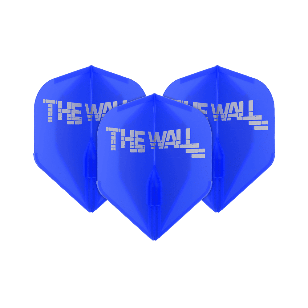 Das Bild zeigt drei blaue Dart-Flights mit der Aufschrift "THE WALL". Die Flights sind Teil des Produkts "L-Style Martin Schindler Blau L1EZ Flights".