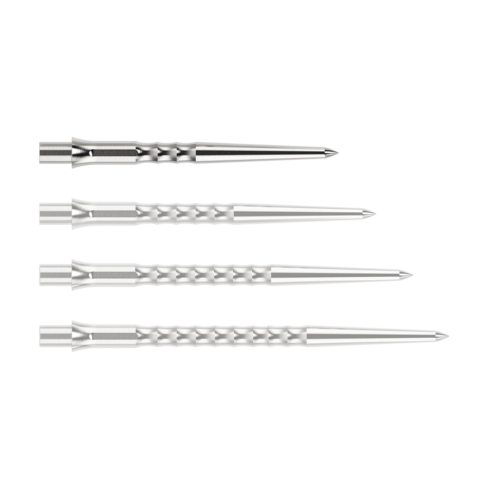Abgebildet ist eine silberne Steeldartspitze des Typs Ripple NoLip mit 28mm Länge. Die Spitze liegt frontal auf einer hellen Fläche.