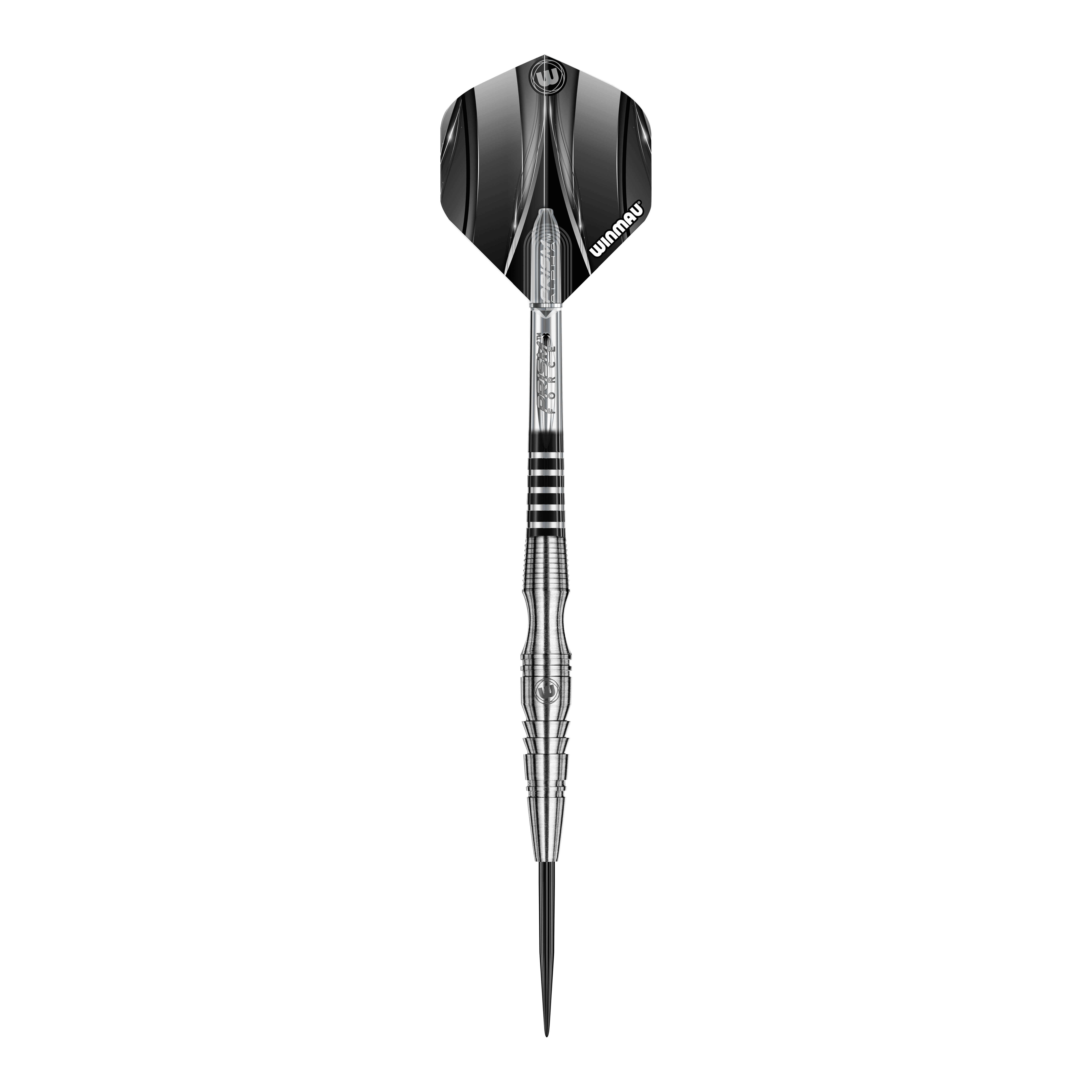 Das Bild zeigt einen Winmau Sniper V3 Steeldart. Der Dart hat ein silbernes, geriffeltes Barrel und schwarze Flights mit Winmau-Logo.