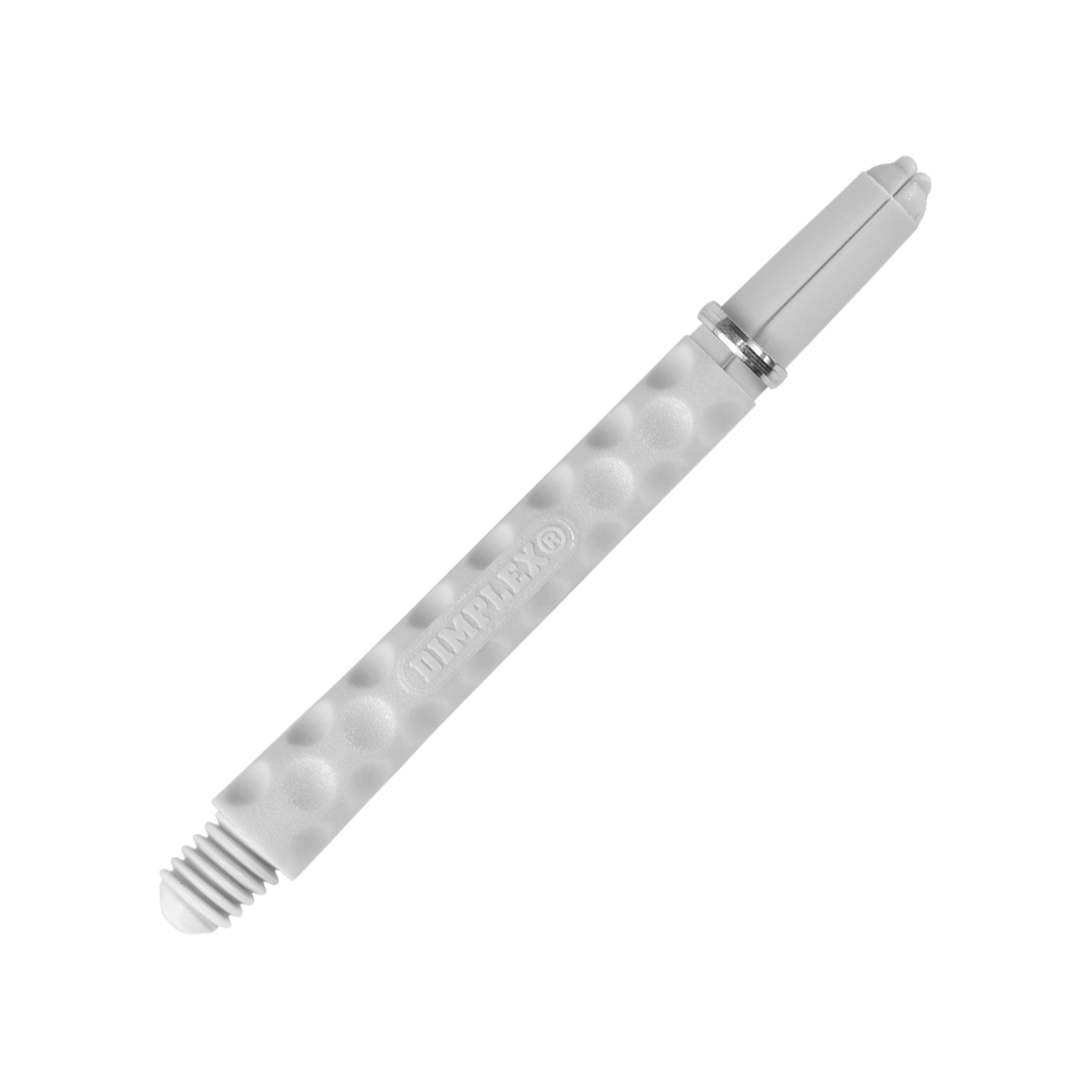 Auf dem Bild ist ein weißer Dart-Schaft mit einer genoppten Oberfläche zu sehen. Das Wort "DIMPLEX" ist auf dem Schaft eingraviert.