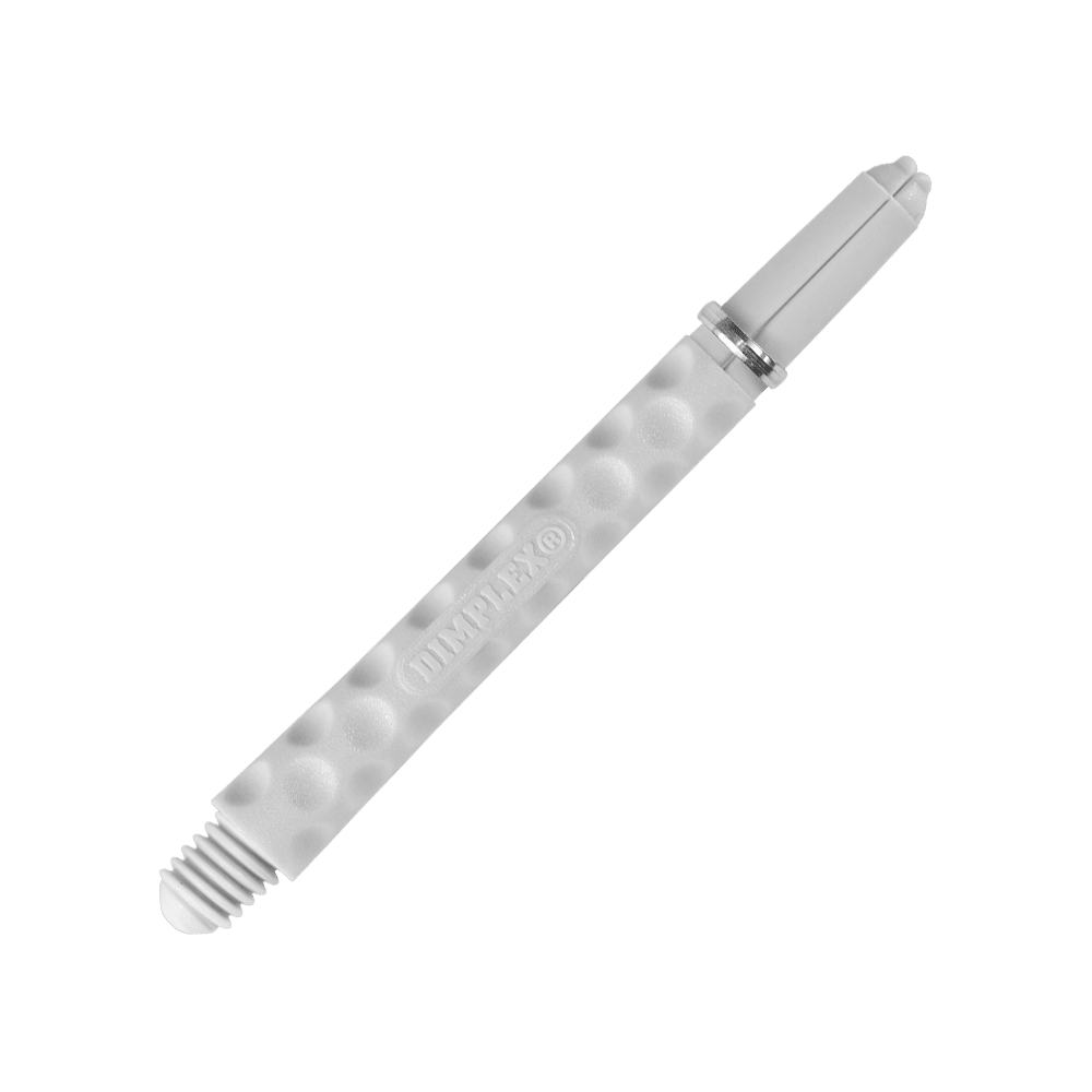 HR324_Harrows_Dimplex_Shafts_Weiss_48mm_2 Auf dem Bild ist ein weißer Dart-Schaft mit einer genoppten Oberfläche zu sehen. Das Wort "DIMPLEX" ist auf dem Schaft eingraviert.