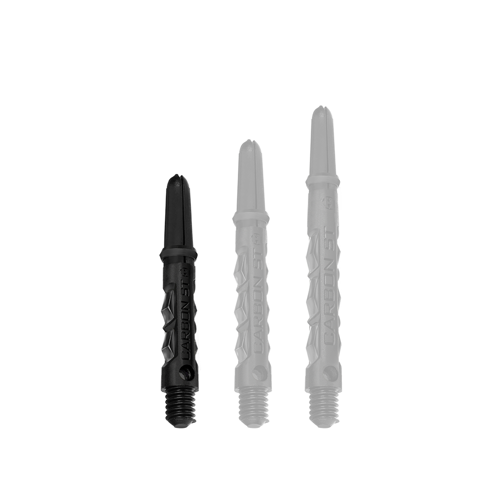 Das Bild zeigt drei schwarze Harrows Carbon ST Shafts in unterschiedlichen Längen. Sie sind speziell für den Einsatz bei Darts entwickelt.