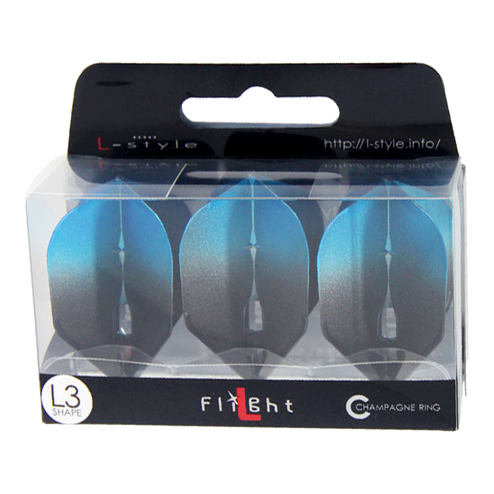 Die Verpackung zeigt drei blaue Dartflights der Marke L-style. Auf der Schachtel steht "L3 Shape" und "Champagne Ring".