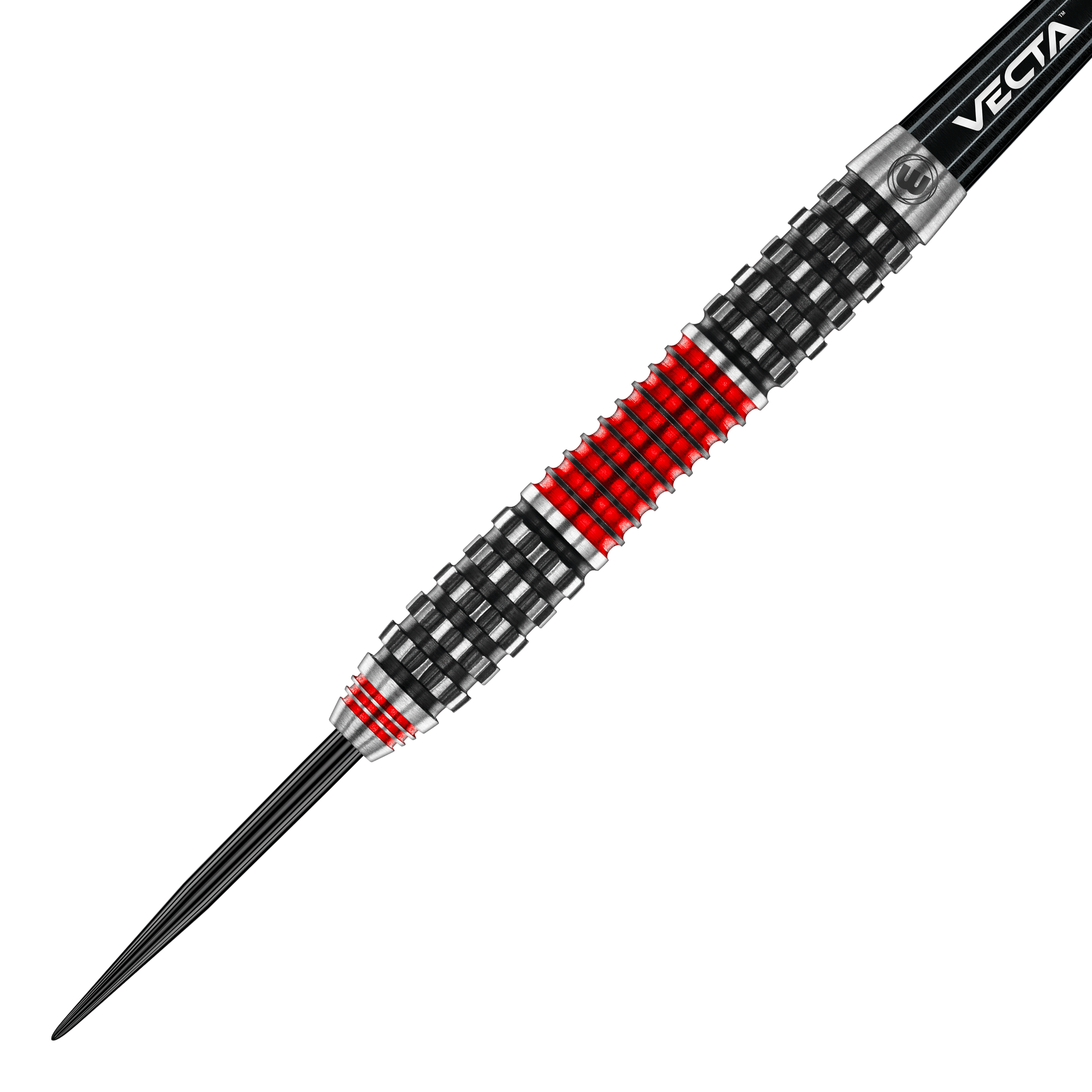 Winmau Joe Cullen Rockstar Series RS1 Steeldarts Auf dem Bild ist der Winmau Joe Cullen Rockstar Series RS1 Steeldart zu sehen. Der Dart hat ein schwarzes und rotes Griffmuster mit metallischen Akzenten.