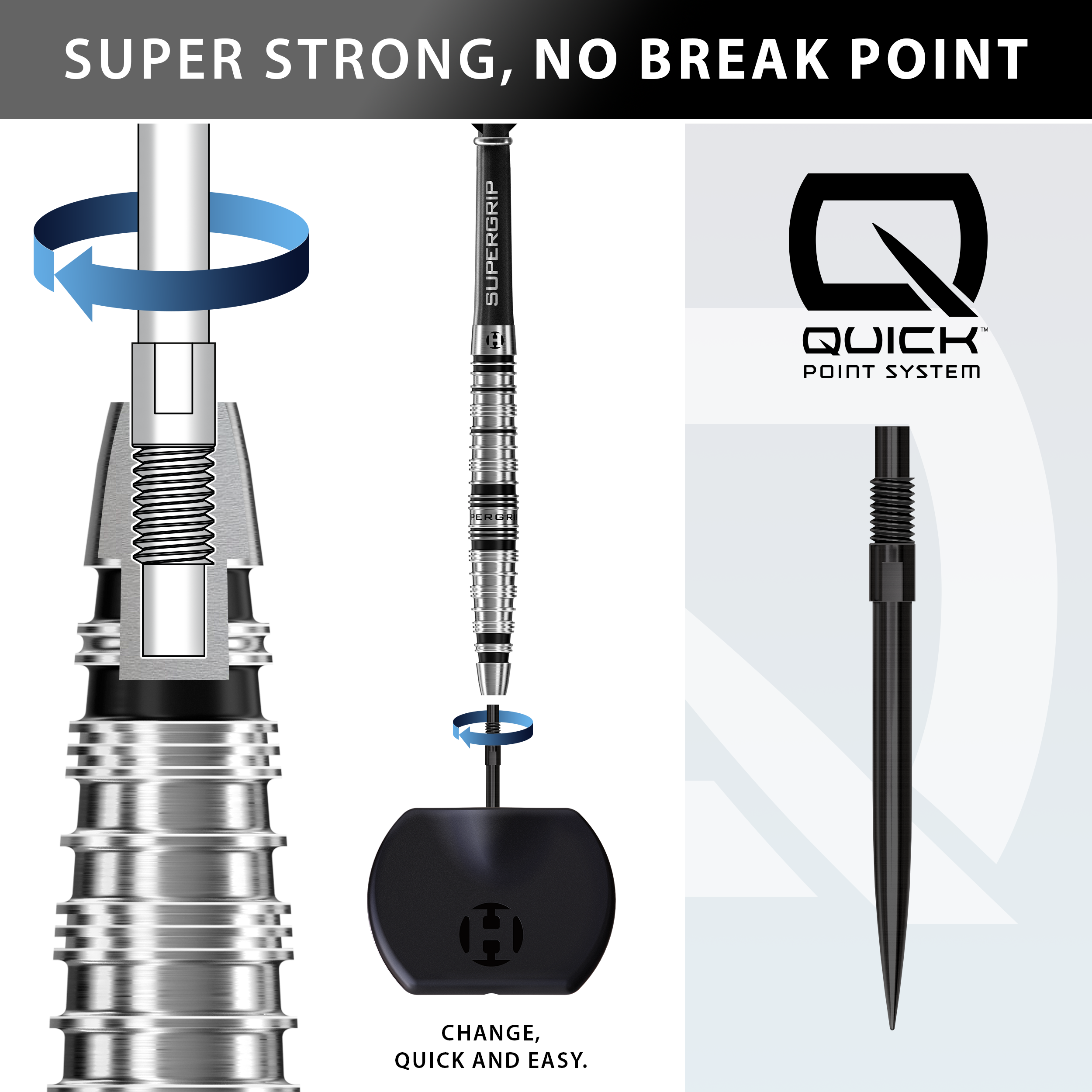 Das Bild stellt die Harrows Supergrip Torpedo Quick Point Steeldarts dar. Hier ist ein weiteres Detail des Produkts abgebildet.