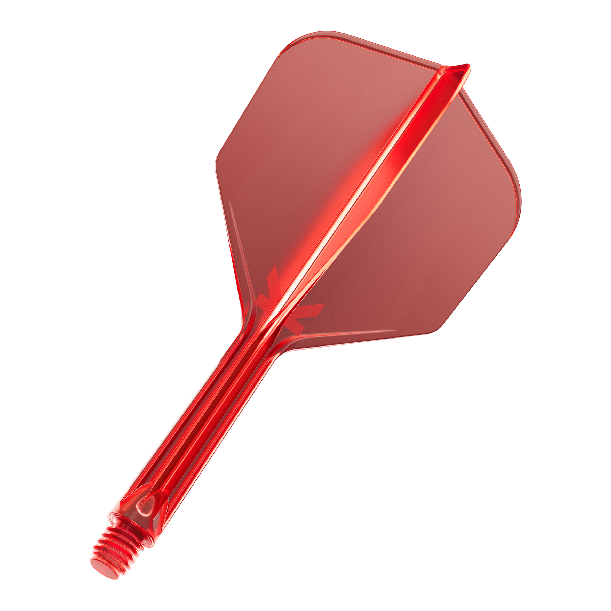 Das Bild zeigt eine rote Dartflügel-Kombination mit Schraubgewinde. Die Oberfläche ist glänzend und die Flügel haben eine klassische, breite Form.