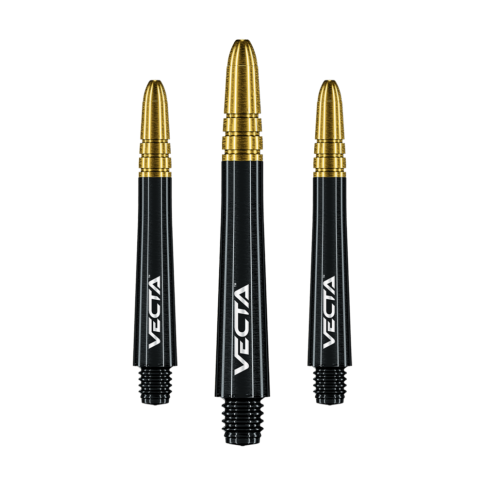 7025-209_Winmau_Vecta_Shafts_Schwarz_Gold_40mm_1 Auf dem Bild sind drei Dartschäfte der Marke Vecta zu sehen. Sie sind schwarz mit einem goldenen oberen Teil und haben jeweils ein weißes Vecta-Logo.
