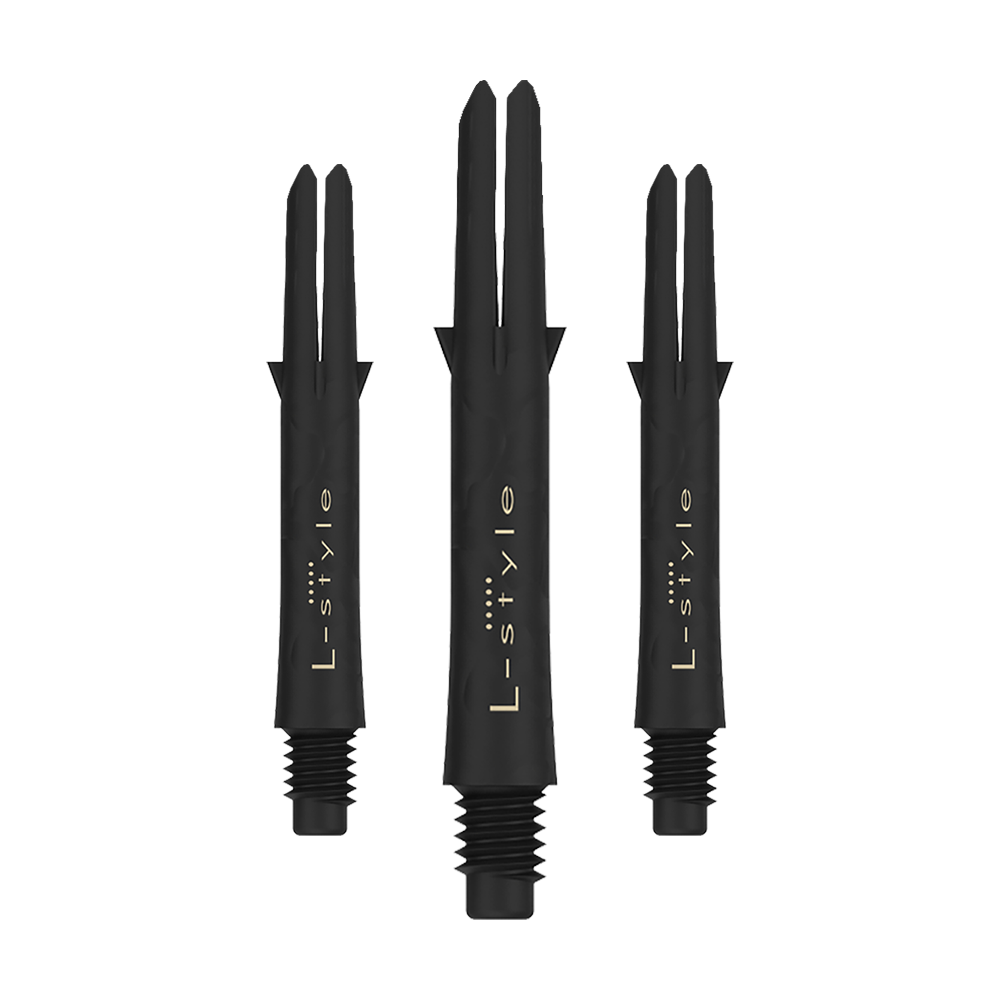 Das Bild zeigt drei schwarze L-Style Carbon Shafts für Darts ohne Kappen. Auf den Schäften steht in goldener Schrift das Wort "L-style".