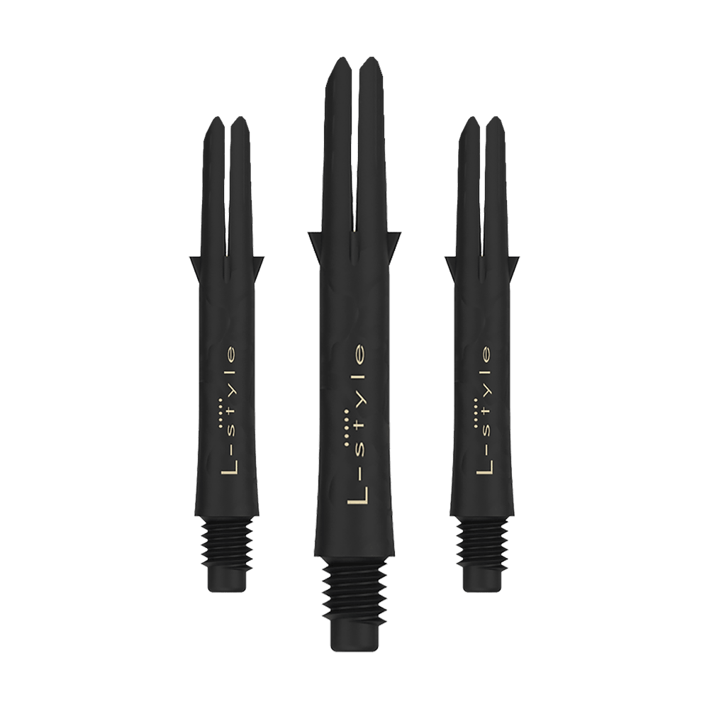 L-Style Carbon Shafts 225 Das Bild zeigt drei schwarze L-Style Carbon Shafts für Darts ohne Kappen. Auf den Schäften steht in goldener Schrift das Wort "L-style".
