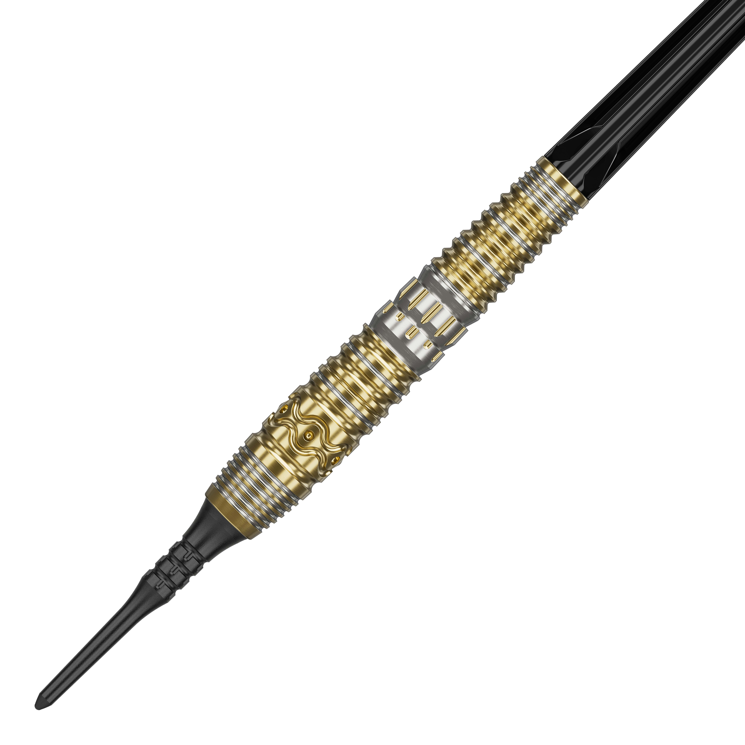 Target Japan Hot Shot GEN2 Softdarts - 19g Das Bild zeigt einen Softdart mit dem Namen "Target Japan Hot Shot GEN2 Softdarts - 19g". Der Dart hat ein auffälliges Design in Gold und Silber mit detaillierten Gravuren am Griff.