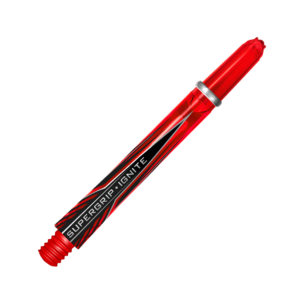 Das Bild zeigt einen roten Harrows Supergrip Ignite Shaft. Auf dem Schaft steht der Schriftzug "SUPERGRIP IGNITE".