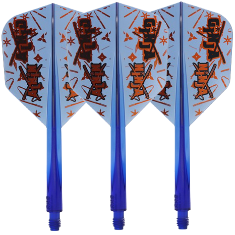 Auf dem Bild sind drei blaue Dartflights mit dem Namen "Condor Axe Ginja Ninja Matt Campbell Flight-Shaft - Small" zu sehen. Die Flights haben ein auffälliges Design mit orangen und schwarzen Mustern.