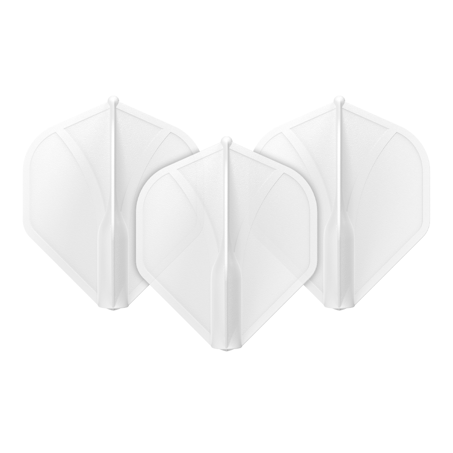 Shot Airfoil Moulded No2 Standard Flights Auf dem Bild sind drei klare, weiße Dart-Flights zu sehen. Sie sind nebeneinander aufgestellt und haben eine klassische, rautenähnliche Form.