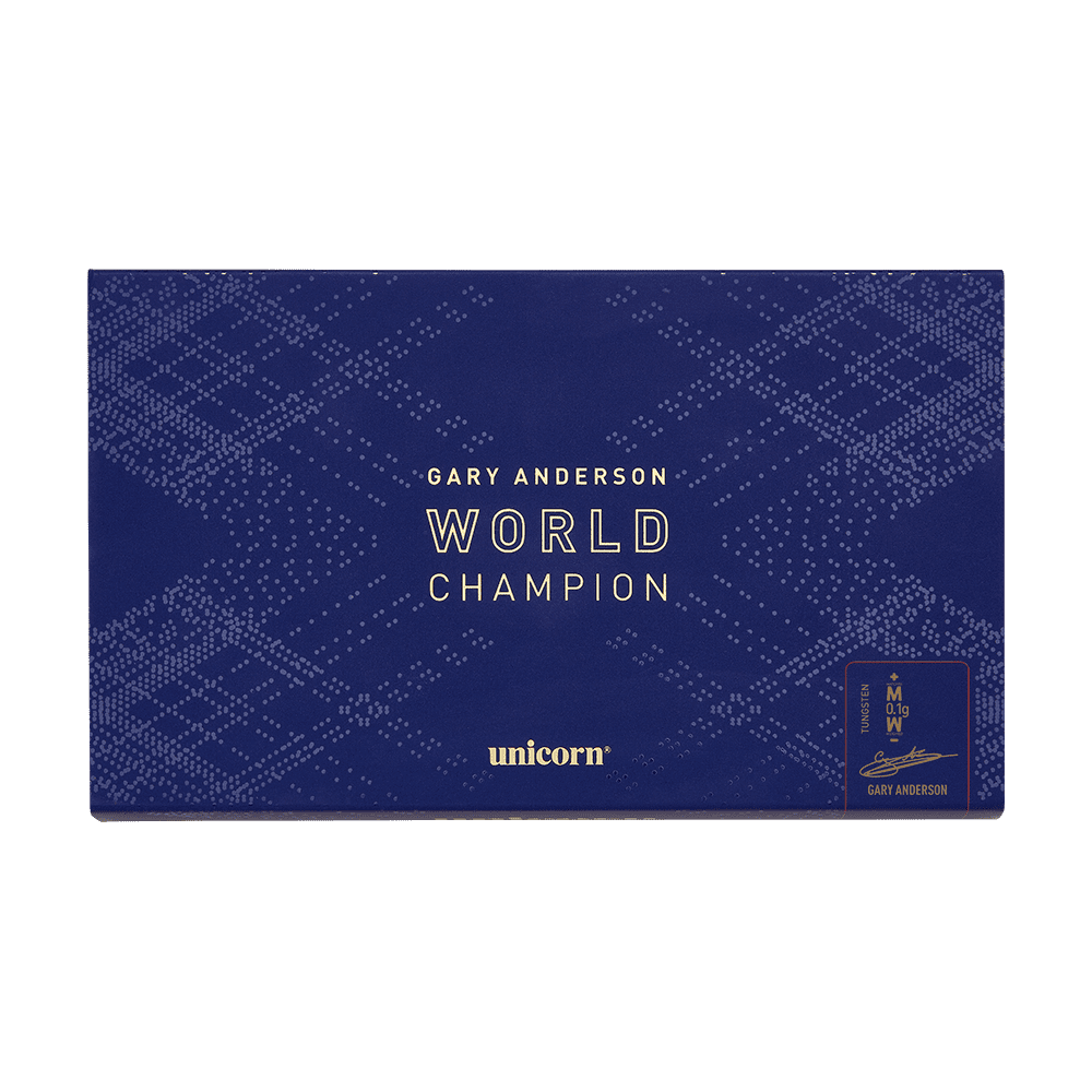 Die Verpackung zeigt die "Unicorn Phase 6 World Champion Gary Anderson Softdarts". Das Design ist in Dunkelblau mit weißen Punkten und goldener Schrift gehalten.