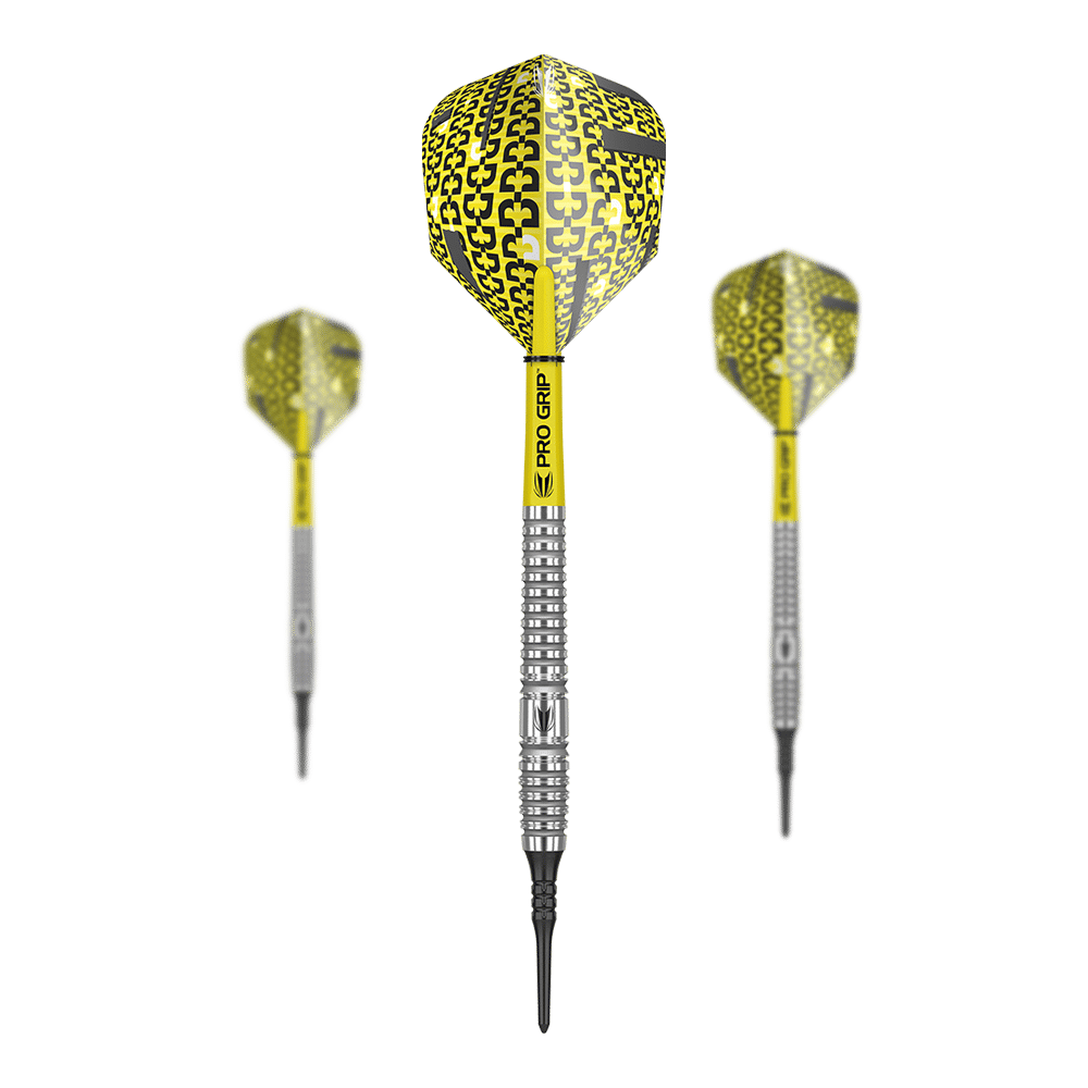 Das Bild zeigt drei Softdarts des Modells "Target Bolide 12". Die Darts haben gelb-schwarze Flights und silberne Griffe mit schwarzer Spitze.