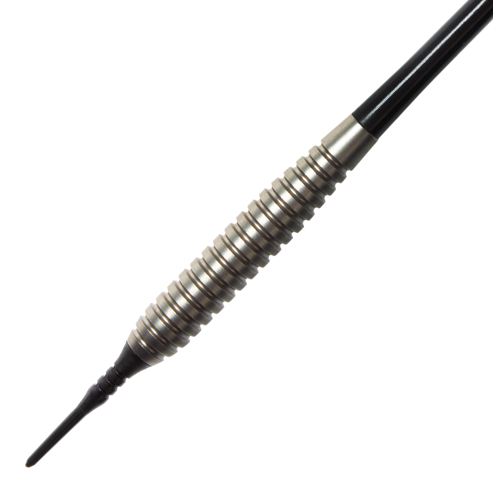200270-Target-Phil-Taylor-Power-Silverlight-Softdarts-2 Auf dem Bild ist ein Softdart der Marke Target Phil Taylor Power Silverlight zu sehen. Der Dart hat eine silberne, gerillte Barrel und eine schwarze Spitze.