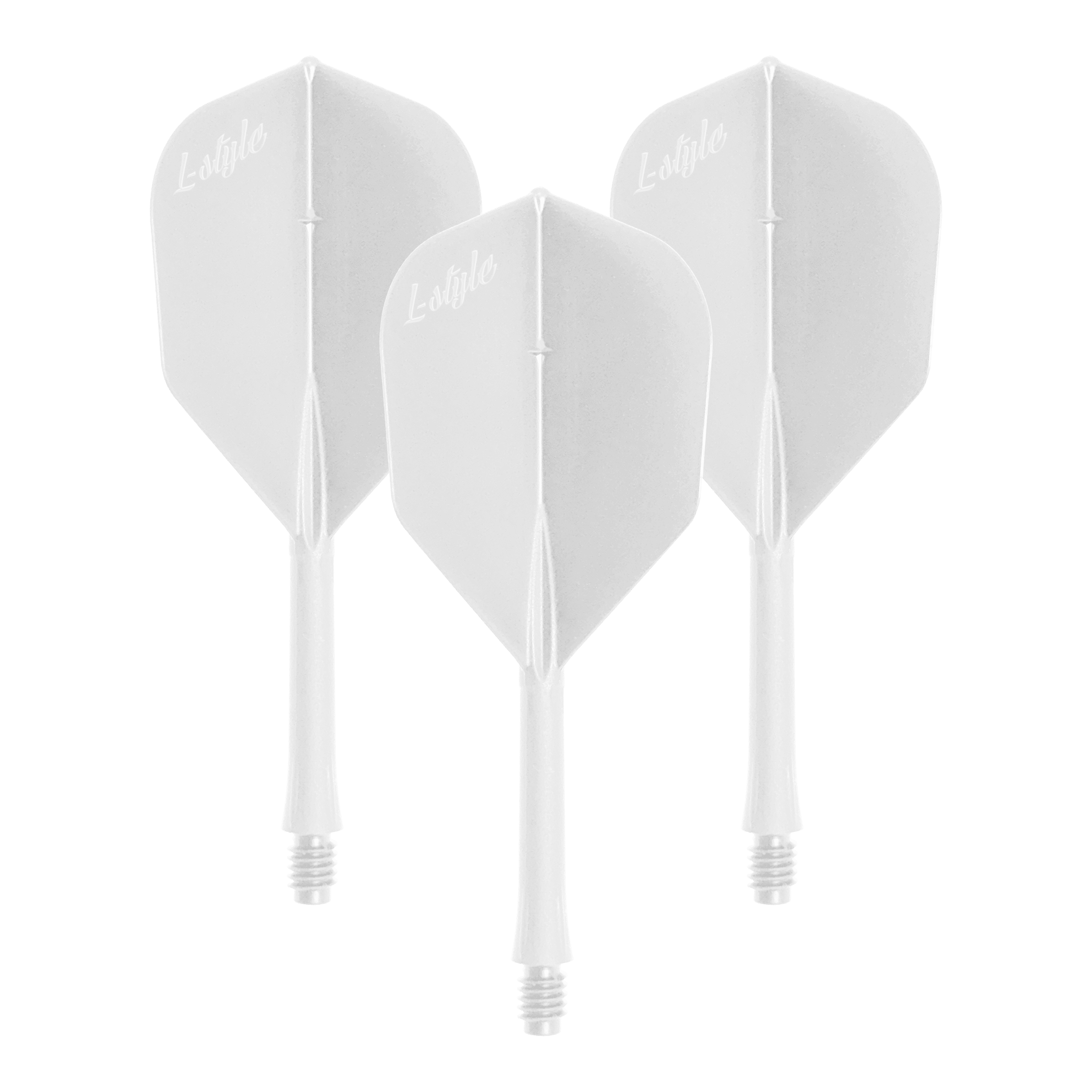 Das Bild zeigt ein Set von weißen Dart-Flights. Die Datei heißt LSF-901_L-Style_BarFlight_Wei_1Set.