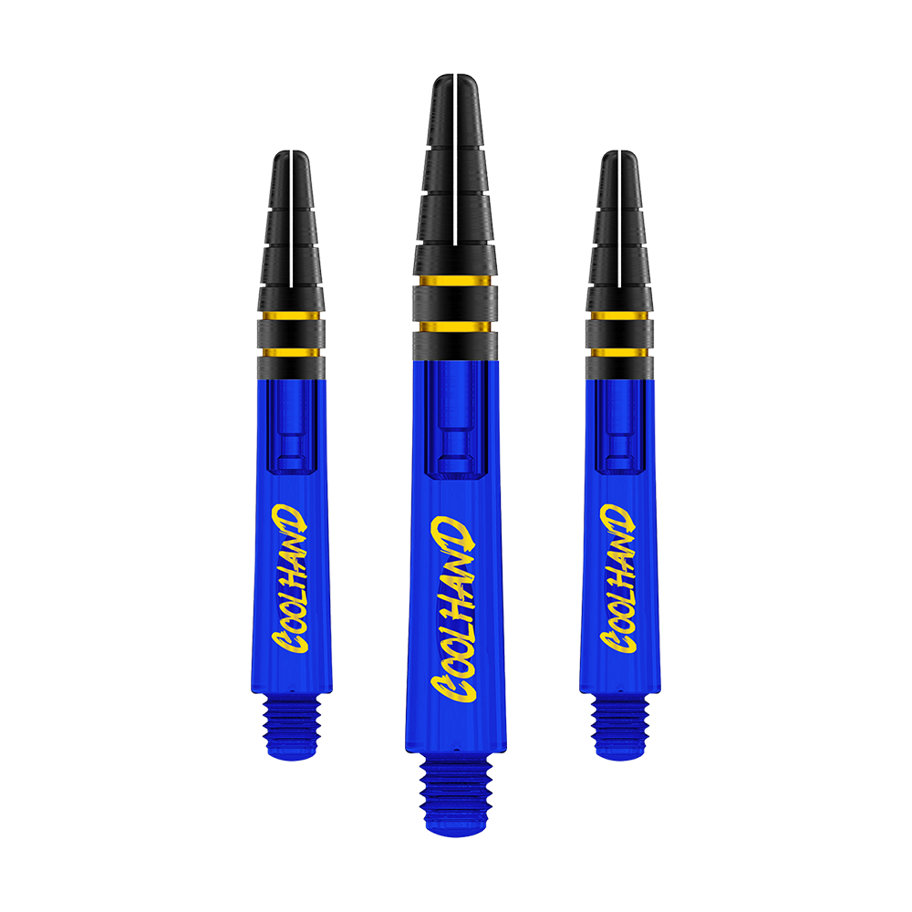 Red Dragon Nitrotech Luke Humphries Coolhand Shafts - Blau Das Bild zeigt drei blaue Dartschäfte mit der gelben Aufschrift "COOLHAND". Die Schäfte haben schwarze und goldene Akzente am oberen Ende.
