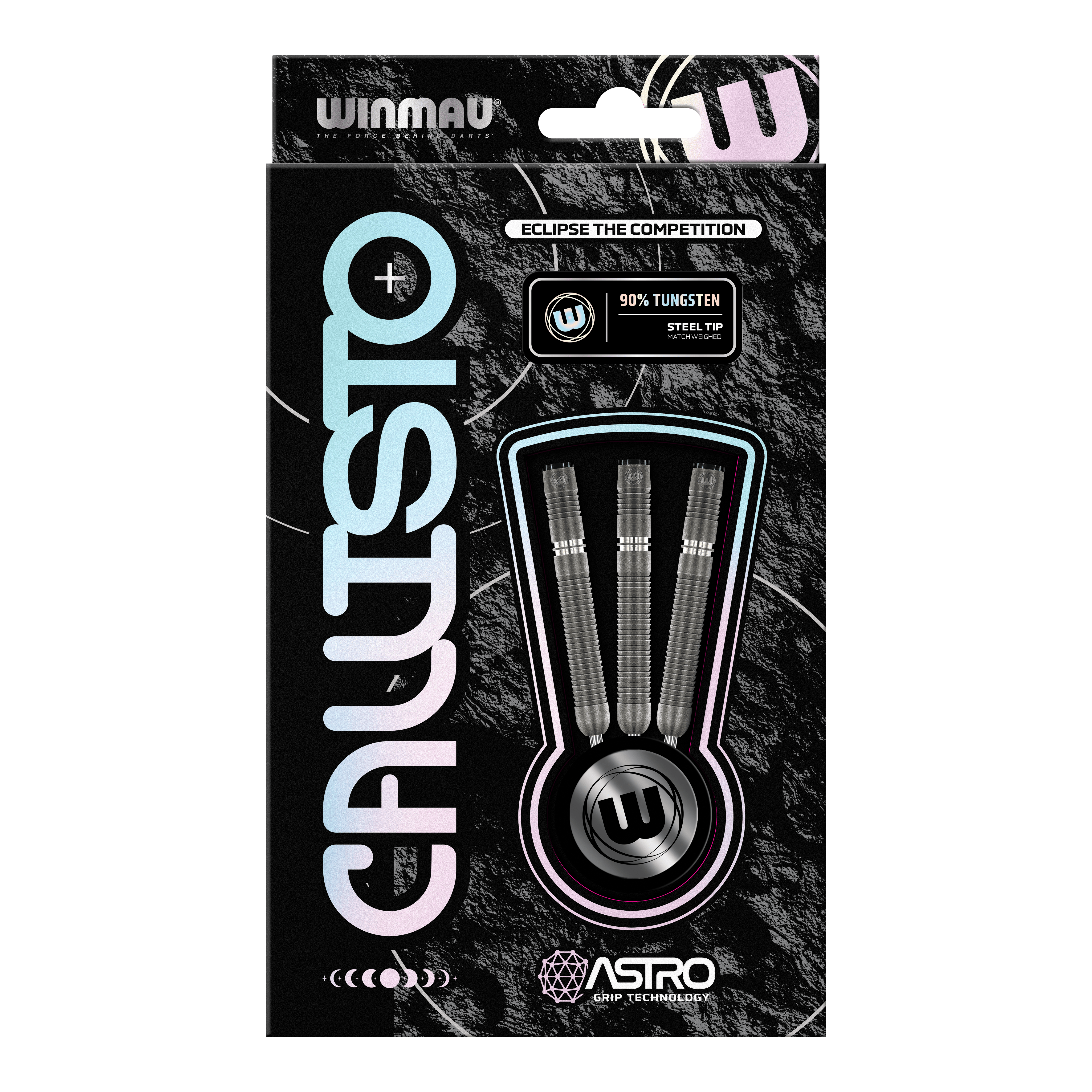 Winmau Callisto 01 Steeldarts Das Bild zeigt eine Verpackung der "Winmau Callisto 01 Steeldarts". In der Mitte sind drei Darts mit Stahlspitze und 90% Tungsten-Anteil sichtbar.