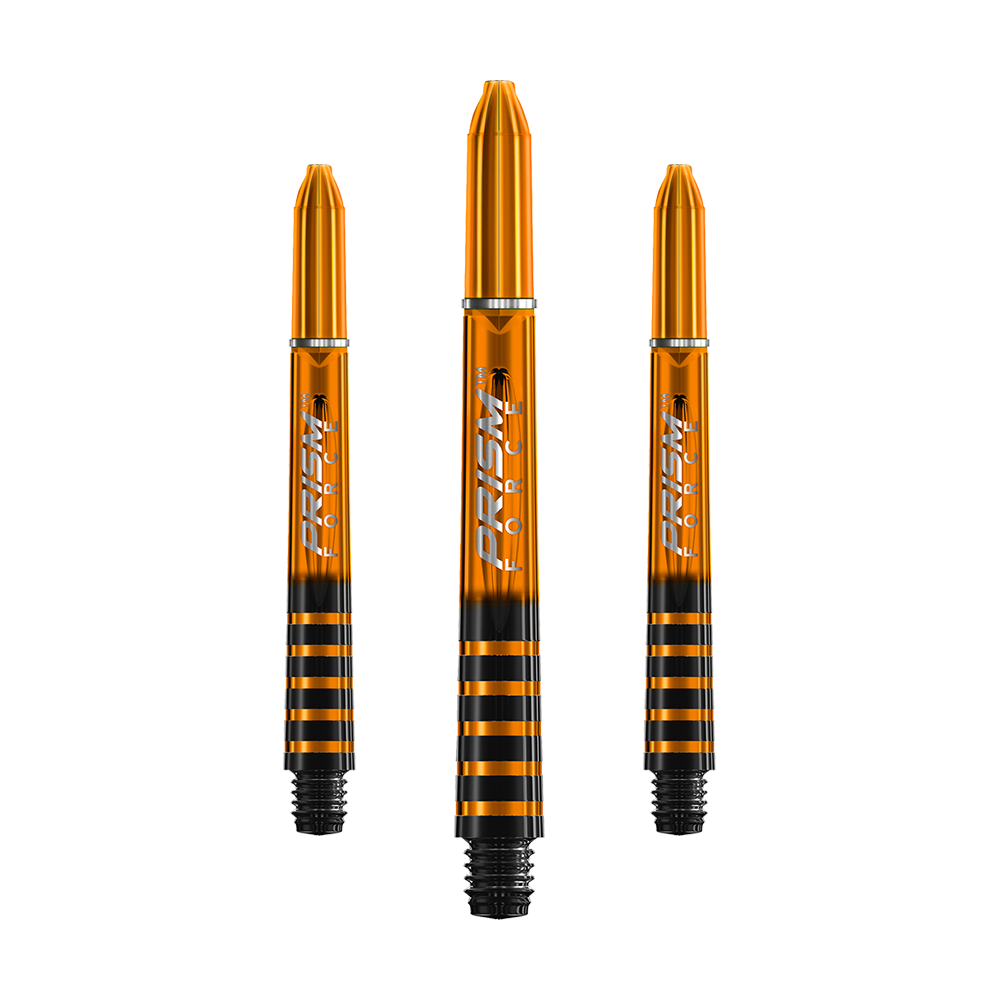 Das Bild zeigt drei orangefarbene Winmau Prism Force Shafts für Dartpfeile. Sie haben schwarze Streifen und ein glänzendes Design.