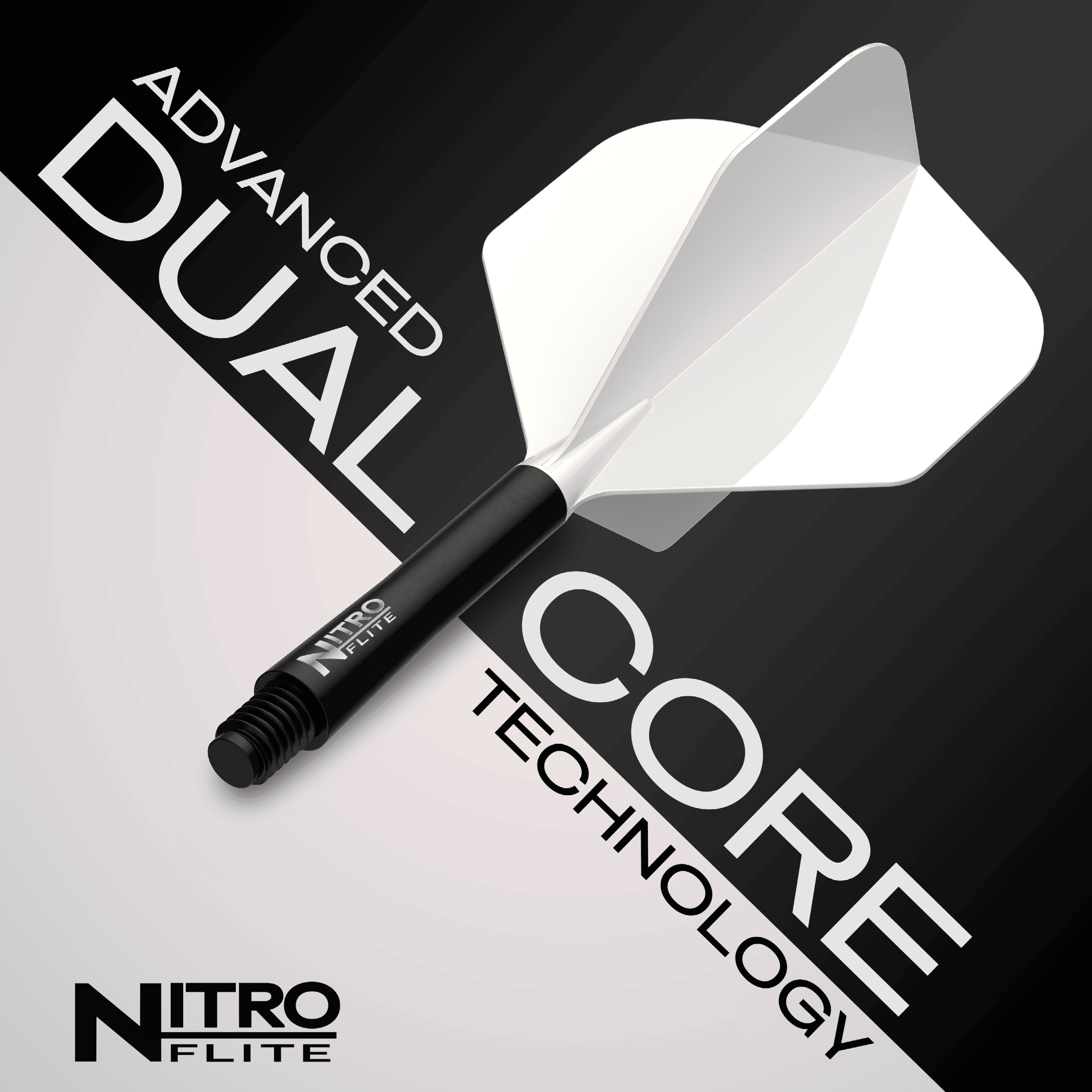 Red Dragon Nitro Flite Solid White and Black Short Das Foto zeigt Red Dragon Nitroflite Black Shaft White Flights No2. Es ist ein Dart-Schaft in Schwarz und weiße Flights abgebildet.