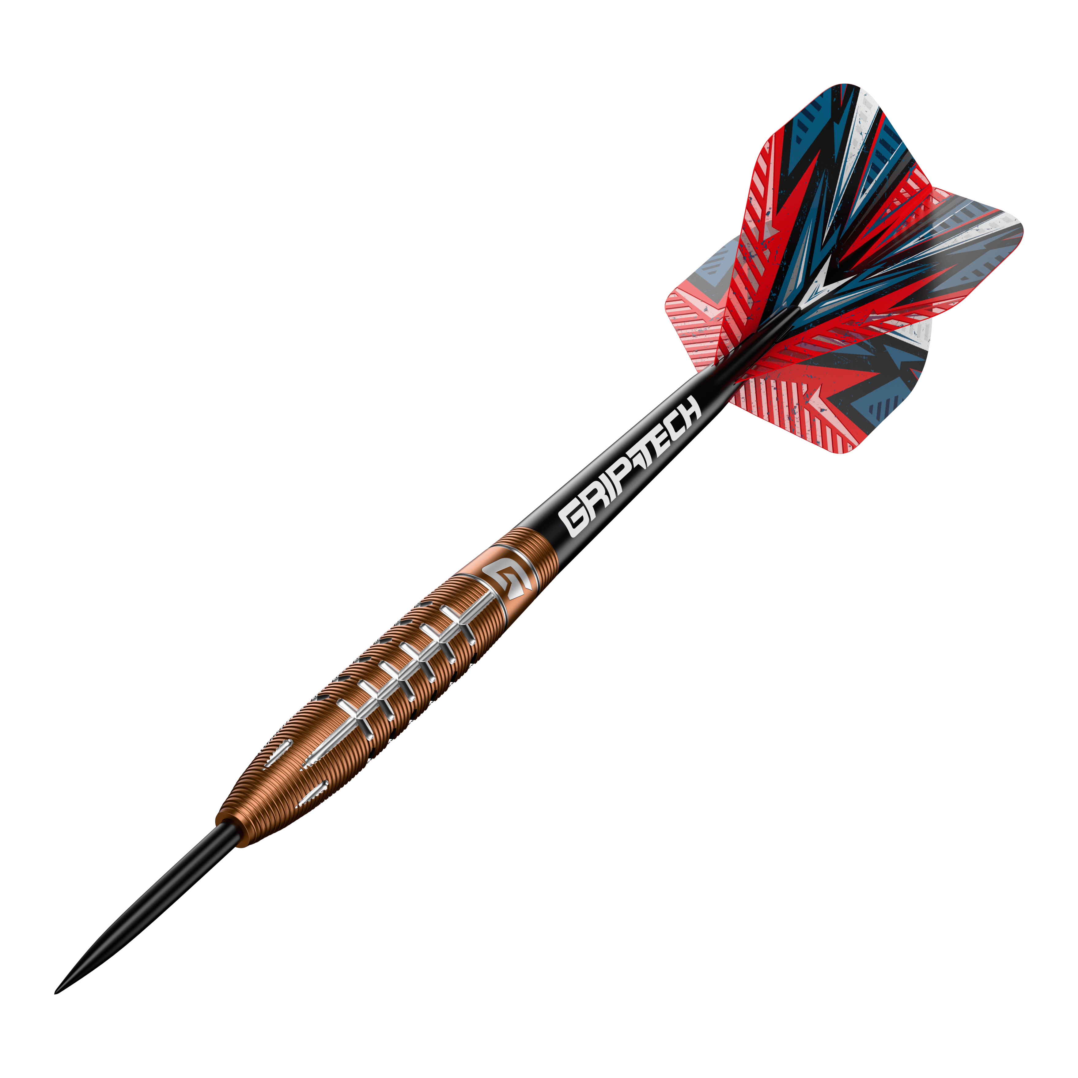 GOAT Quarterback V2 Tungsten Steeldarts - 24g Das Bild zeigt einen Steeldart namens "GOAT Quarterback V2 Tungsten" mit einem Gewicht von 24 Gramm. Der Dart hat ein auffälliges Design mit roten, schwarzen und silbernen Akzenten sowie dem Schriftzug "GRIPTECH" auf dem Schaft.