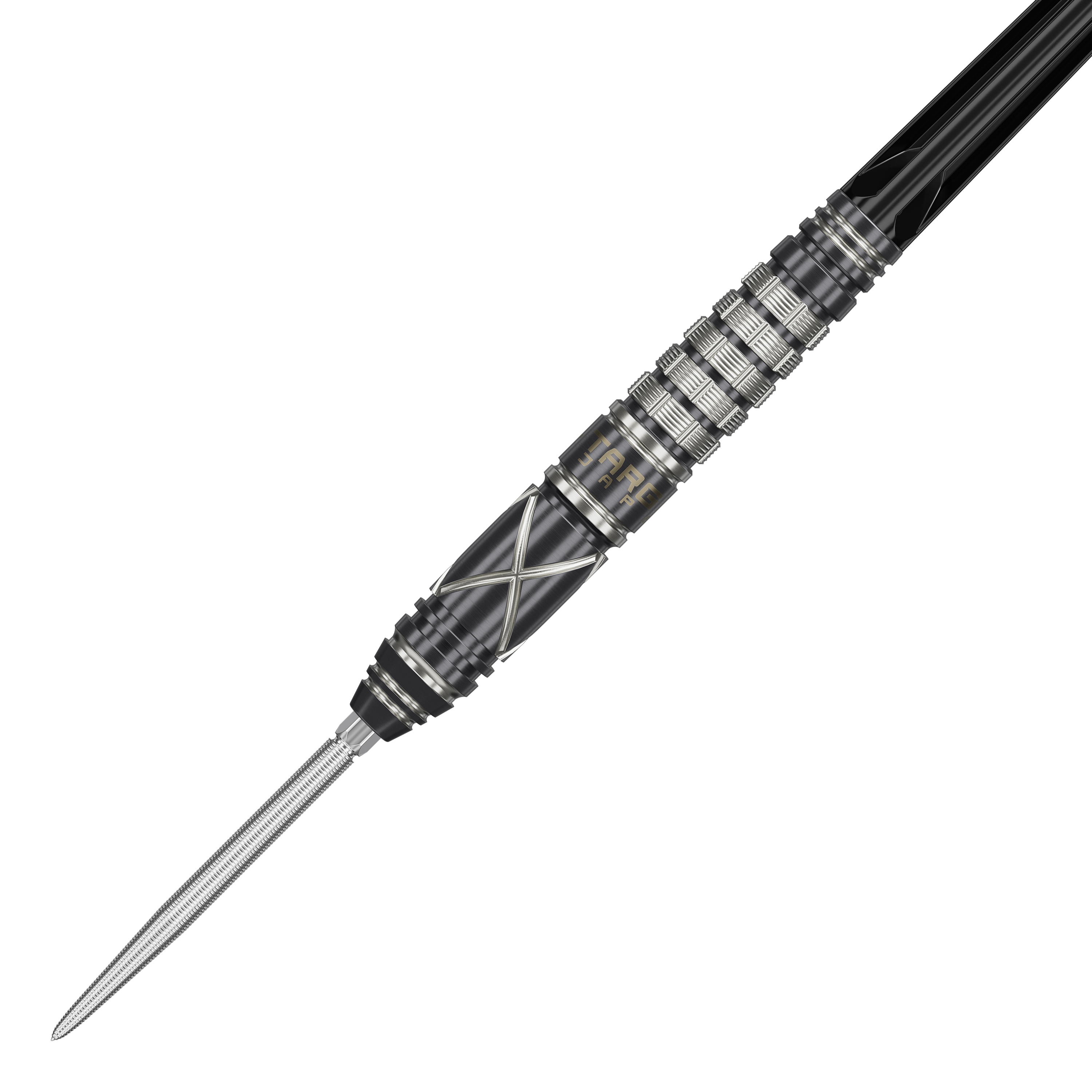 Target Japan Black Marque Chaos 2 SP Steeldarts Das Bild zeigt den Target Japan Black Marque Chaos 2 SP Steeldart. Der Dart hat ein elegantes, schwarzes Design mit silbernen Akzenten und feinen Rillen für besseren Halt.