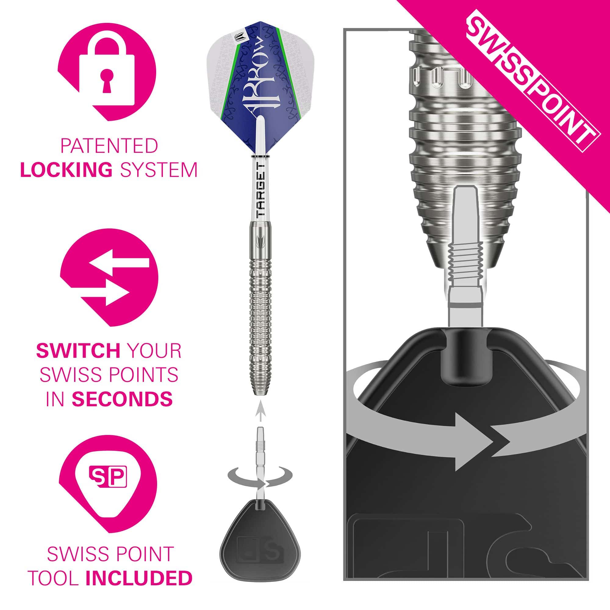 Target Shane McGuirk GEN1 Swiss Point Steeldarts - 23g Das Bild zeigt den Target Shane McGuirk GEN1 Swiss Point Steeldart mit einem innovativen Wechselsystem. Mit dem enthaltenen Werkzeug lassen sich die Swiss Points in wenigen Sekunden austauschen.