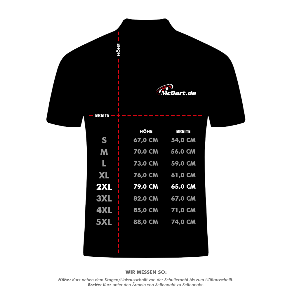 HRS-26036_Harrows_Paragon_Dartshirts_5_XXL Das Bild zeigt ein Maßschema für das Harrows Paragon Dartshirt in Weiß mit Größenangaben von S bis 5XL. Es sind die Maße für Höhe und Breite in Zentimetern für jede Größe angegeben.