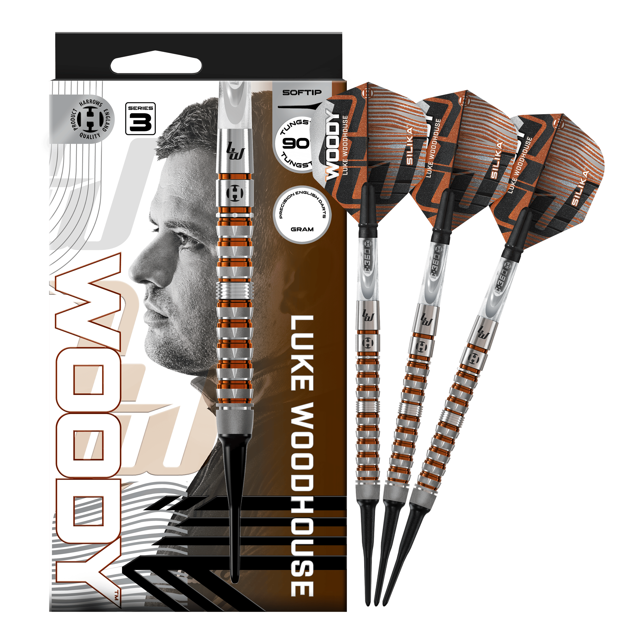 Abbildung der Harrows Luke Woodhouse Series 3 Softdarts - 18g. Die Darts werden vollständig dargestellt.