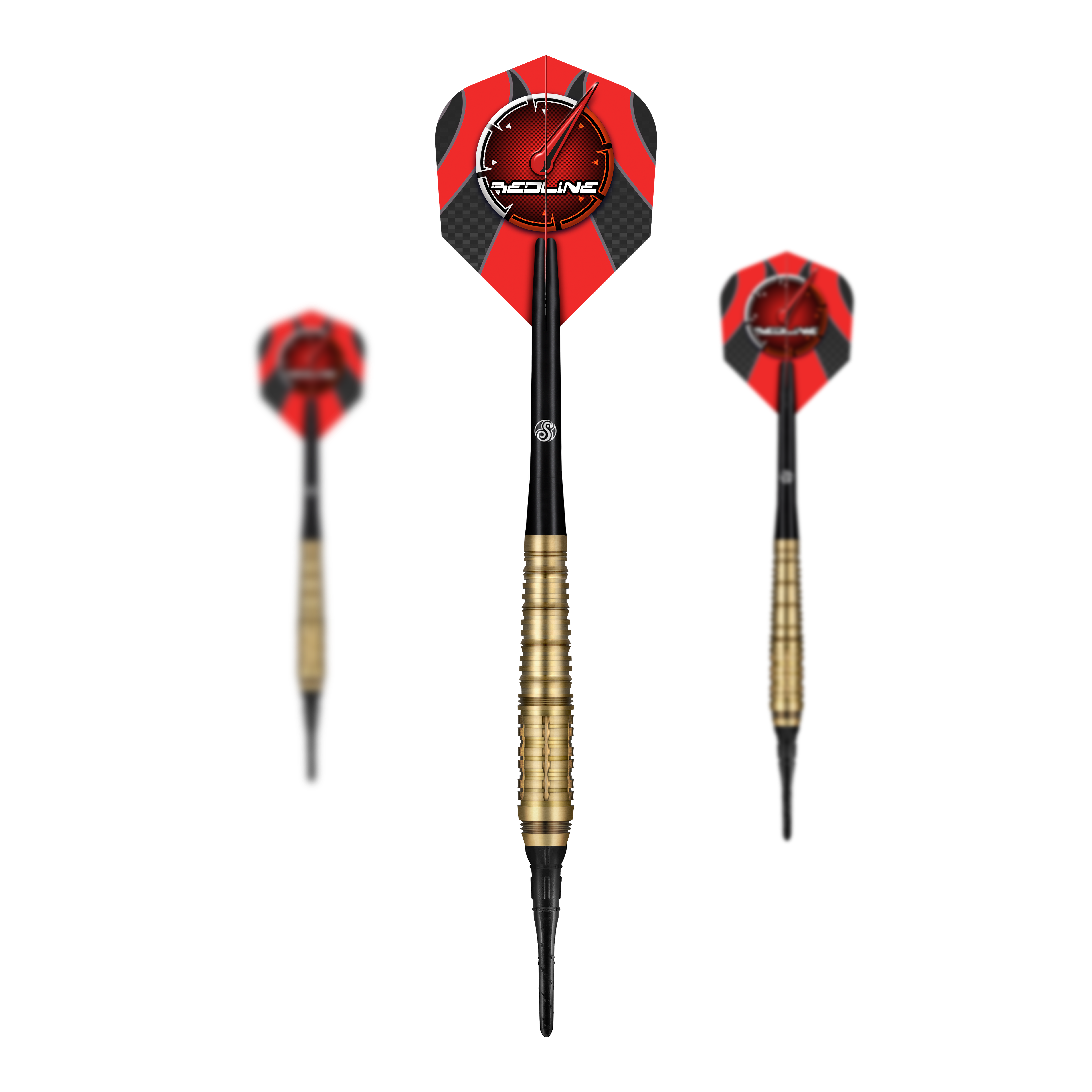 Das Bild zeigt drei Softdarts des Produkts „Shot Redline Mach 1“ mit einem Gewicht von 20g. Die Darts haben rote Flights mit schwarzem Muster und goldenen Griffen.
