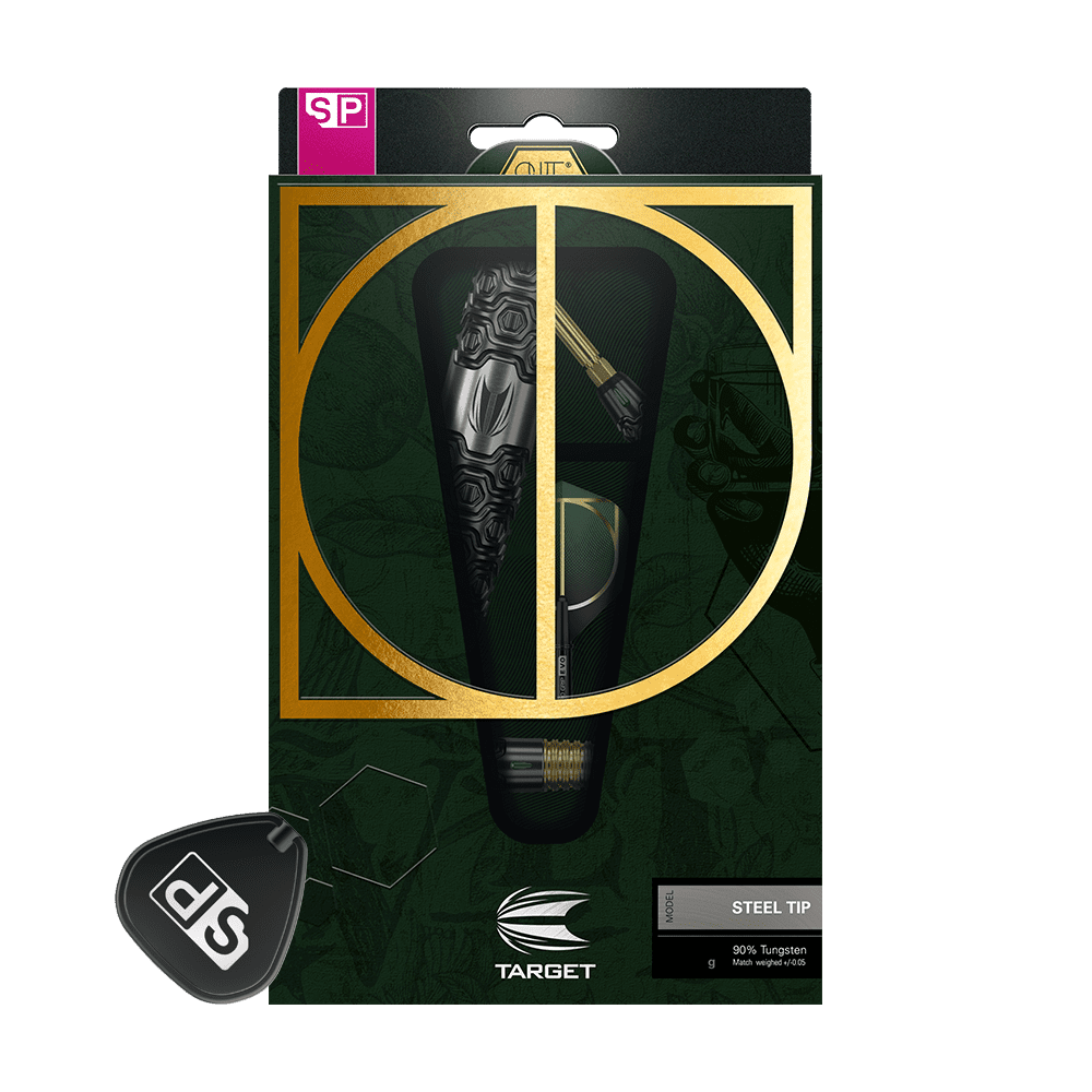 190201_Target_Cult_01_Swiss_Point_Steeldarts_3 Auf dem Bild ist eine stilvolle Verpackung für Steeldarts der Marke Target zu sehen. Die Packung hat ein auffälliges gold-schwarzes Design mit dem Hinweis auf 90% Tungsten.