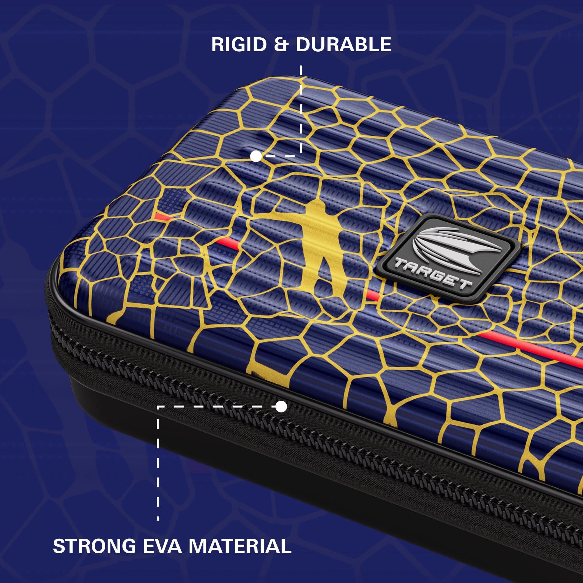 Target Takoma Josh Rock XL Dartcase Das Bild zeigt das Target Takoma Josh Rock XL Dartcase mit einem blauen und gelben Wabendesign. Es wird auf die robuste und langlebige Struktur sowie das starke EVA-Material hingewiesen.