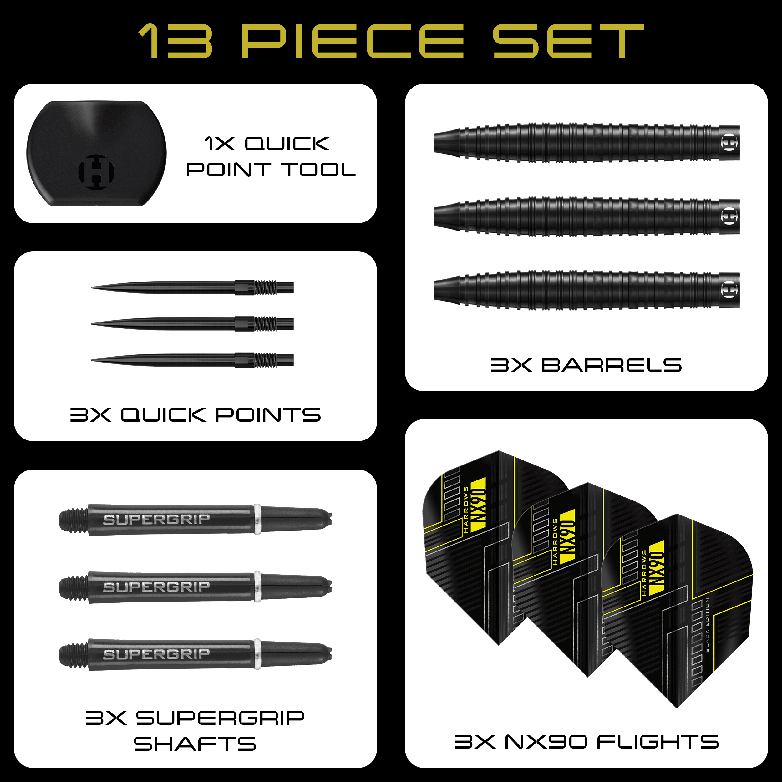 Harrows NX90 Black Edition Tapered Quick Point Steeldarts Hier zu sehen sind die Harrows NX90 Black Edition Tapered Quick Point Steeldarts. Die Darts sind schmal zulaufend und haben eine schwarze Oberfläche.