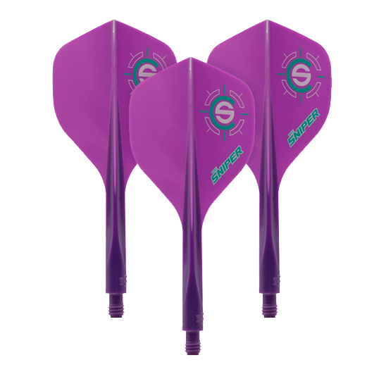 Das Bild zeigt drei lila Dartflights mit dem Aufdruck "Sniper" und einem Zielsymbol. Es handelt sich um das Produkt "Condor Axe 120 Connor Scutt Sniper Purple Flight-System - Standard".
