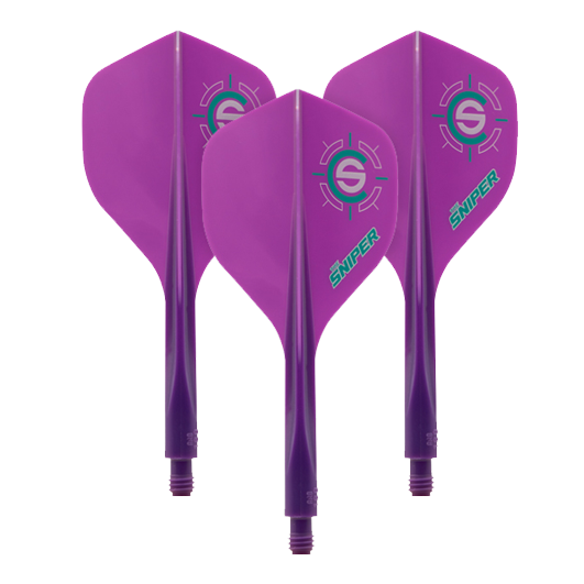 Condor Axe 120 Connor Scutt Sniper Purple Flight-System - Standard Das Bild zeigt drei lila Dartflights mit dem Aufdruck "Sniper" und einem Zielsymbol. Es handelt sich um das Produkt "Condor Axe 120 Connor Scutt Sniper Purple Flight-System - Standard".