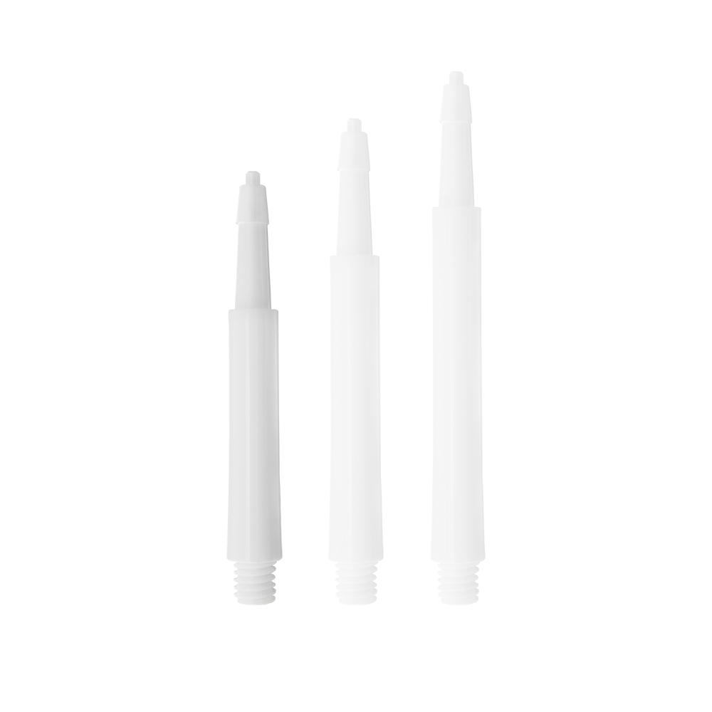 Auf dem Bild sind drei weiße Harrows Clic Standard Shafts in unterschiedlichen Längen zu sehen. Sie sind gerade ausgerichtet und heben sich deutlich vom Hintergrund ab.