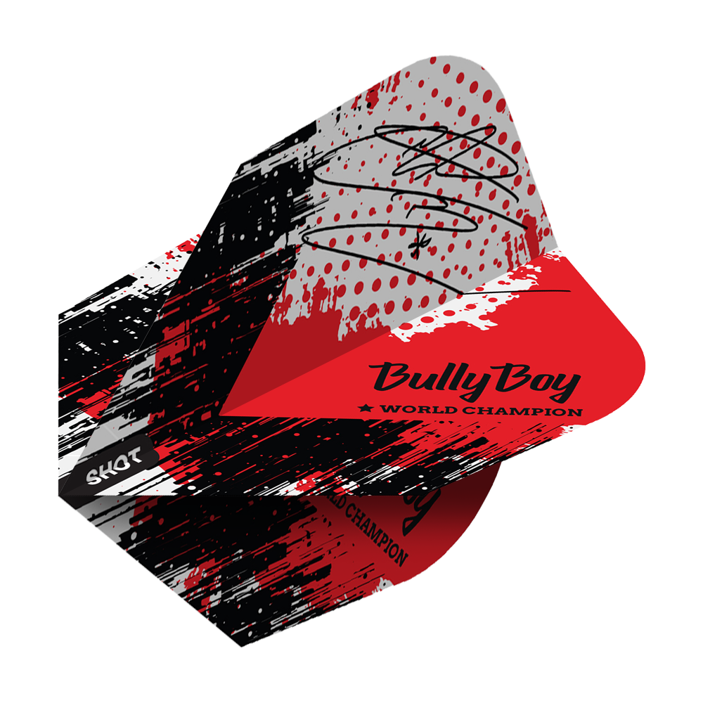 Das Bild zeigt die "Shot Michael Smith Bully Boy Game Day No6 Flights" mit einem rot-schwarzen Design und Unterschrift. Auf dem Flight steht "Bully Boy World Champion" und das Shot-Logo ist sichtbar.